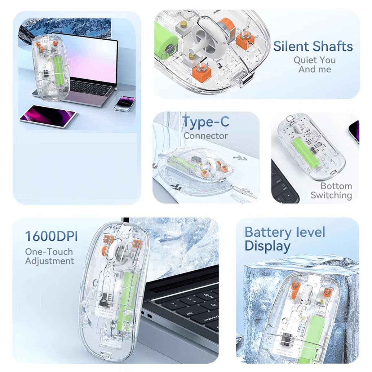 Transparent Wireless Mouse 2.4G USB Bluetooth Rechargeable Ergonomic Gaming Mouse for PC Laptop Desktop Dual-mode Mute