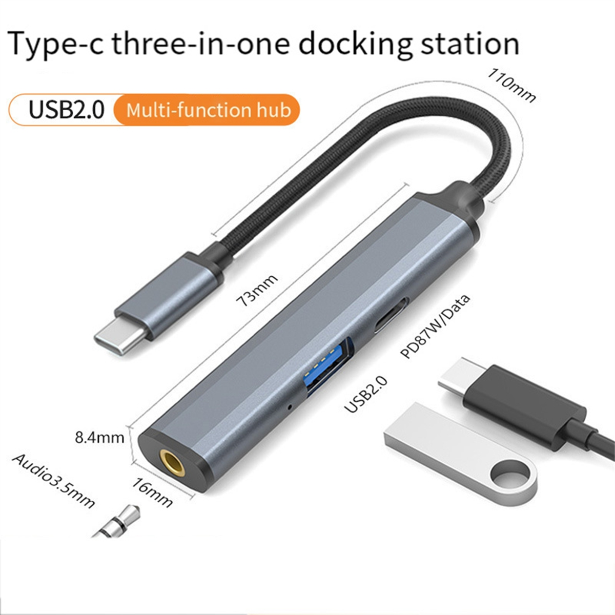 USB C Laptop Docking Station, Type C Hub, with USB2.0,PD 87W,Audio 3.5mm Multi-Port Adapter for Laptops,Phones