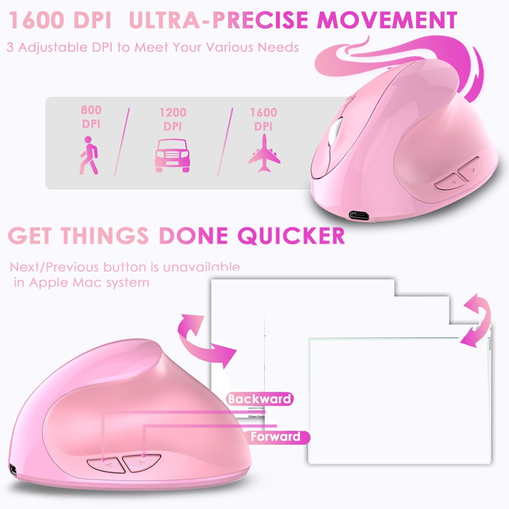 Ergonomic Vertical Mouse Rechargeable Wireless USB 2.4G for Computer Laptop Gaming Mouse Pink