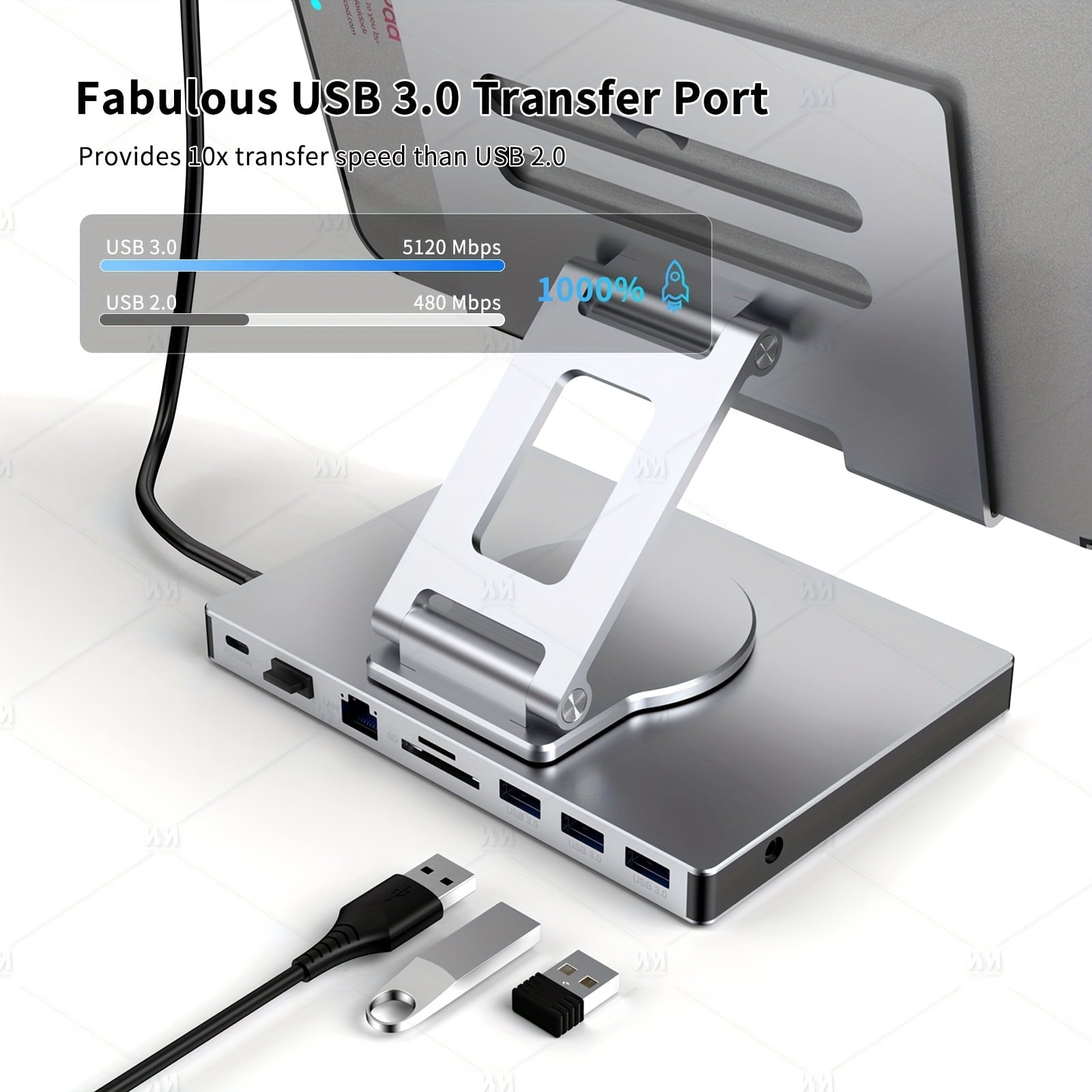 iPad &amp; Phone Rotating Stand Docking Station | 4K 60Hz, Gigabit Ethernet, USB Hub | Multi-Screen Office for iPad Pro/Phone