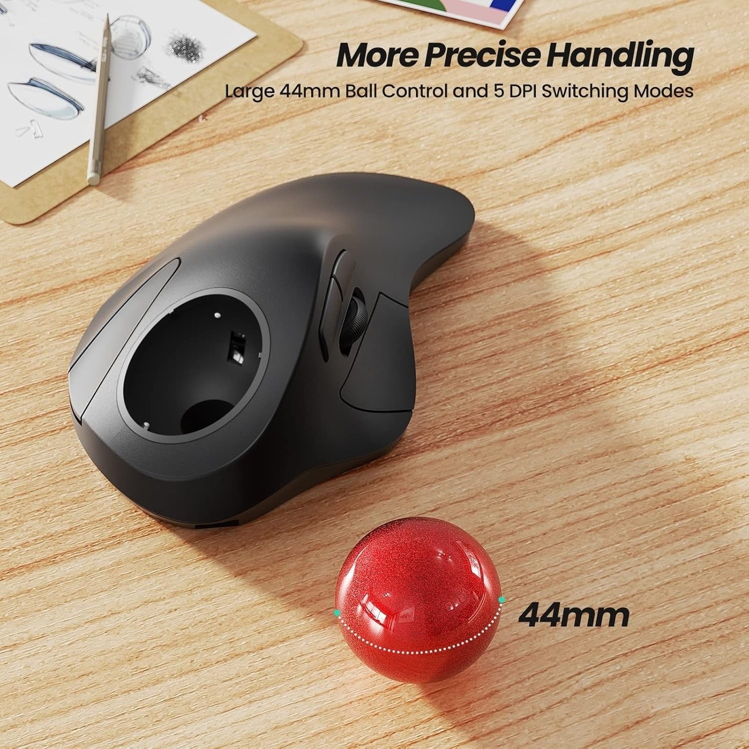 Wireless Ergonomic Trackball Mouse, Rechargeable, Bluetooth Rollerball Mouse, 44mm Index Finger Trackball, 5 Adjustable DPI