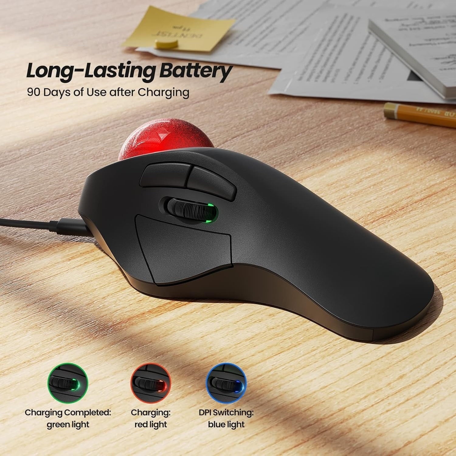 Wireless Ergonomic Trackball Mouse, Rechargeable, Bluetooth Rollerball Mouse, 44mm Index Finger Trackball, 5 Adjustable DPI