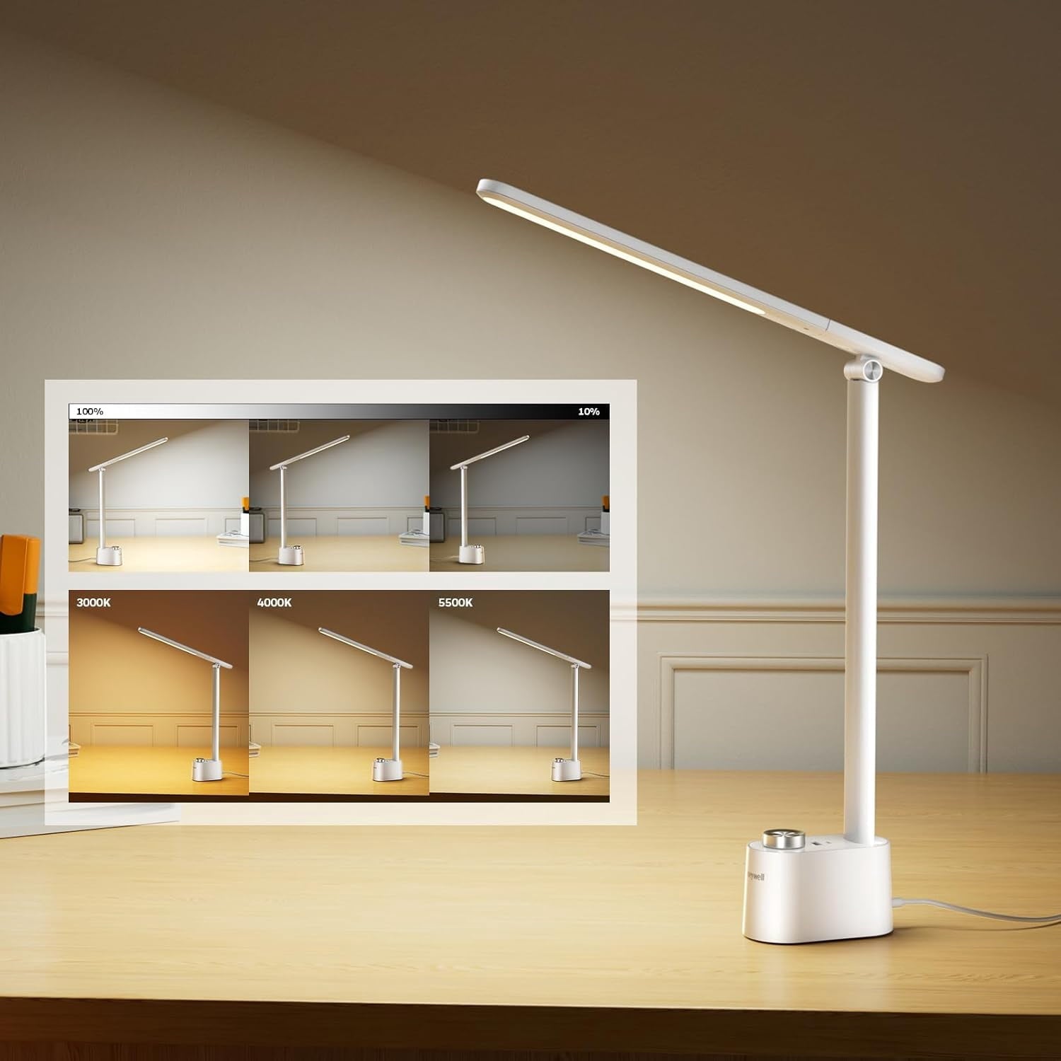 HONEYWELL Upgraded LED Desk Lamp - H01 Pro Sunturalux™ Foldable Desk Light with USB A+C Charging Ports, 3 Color Modes Dimmable Table Lamp for Home Office Reading(White)