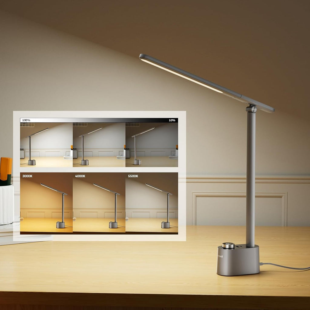 HONEYWELL Upgraded LED Desk Lamp - H01 Pro Sunturalux™ Foldable Desk Light with USB A+C Charging Ports, 3 Color Modes Dimmable Table Lamp for Home Office Reading(White)