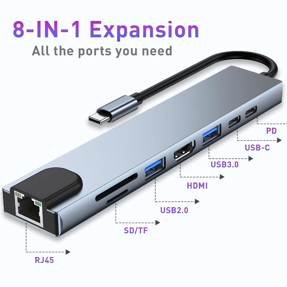 USB C HUB, 8 in 1 USB C Adapter with 4K HDMI, 100W PD, USB C Port, USB 3.0, RJ45 Ethernet, SD/TF Card Reader, Docking Station Compatible with MacBook Pro/Air USB C Laptops and Other Type C Devices