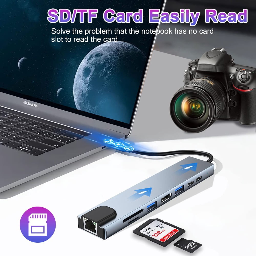 USB C HUB, 8 in 1 USB C Adapter with 4K HDMI, 100W PD, USB C Port, USB 3.0, RJ45 Ethernet, SD/TF Card Reader, Docking Station Compatible with MacBook Pro/Air USB C Laptops and Other Type C Devices