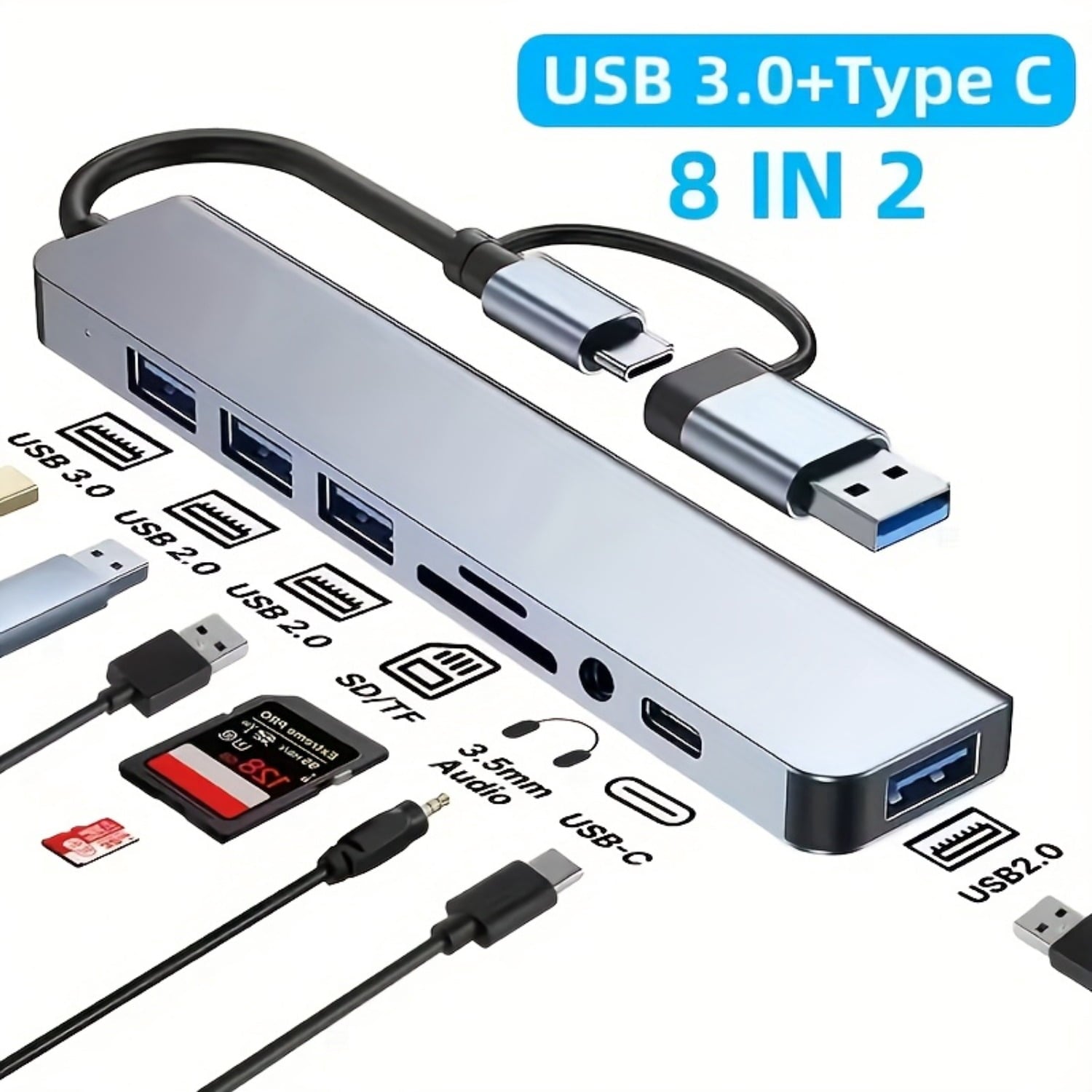USB C Hub 8 in 1 Multiport Adapter, USB &amp; Type C Hub with USB 3.0, USB 2.0, Micro SD/TF Card Reader, Audio Port, Docking Station for Laptop, Tablet &amp; USB C Devices