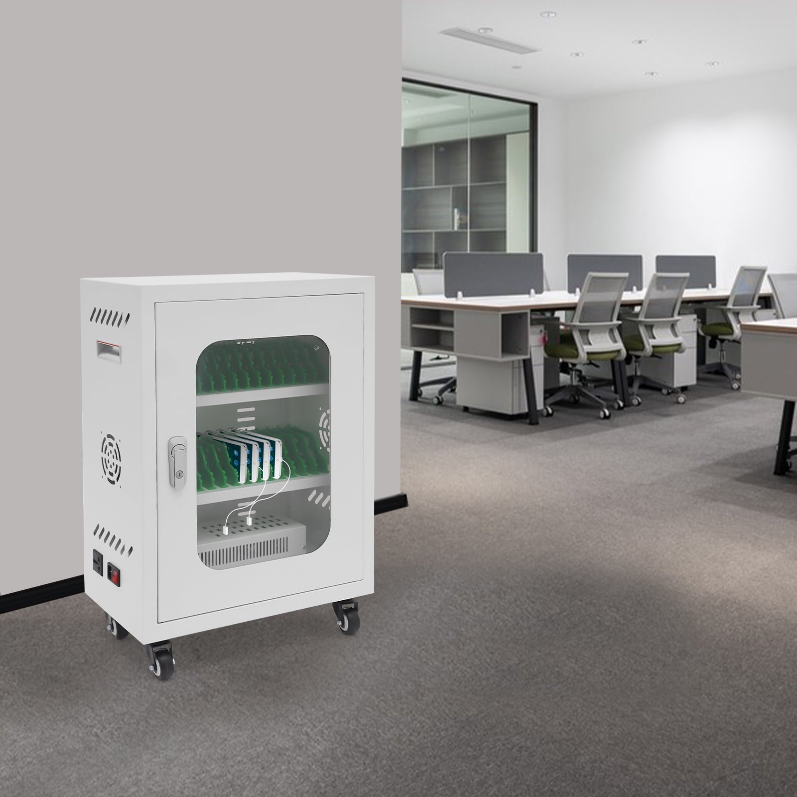 1 PCS 46*27*61cm/18*10.6*24in 300W Mobile Charging Cart, 30-Device Charging Station, Mobile Charging Cabinet(White)