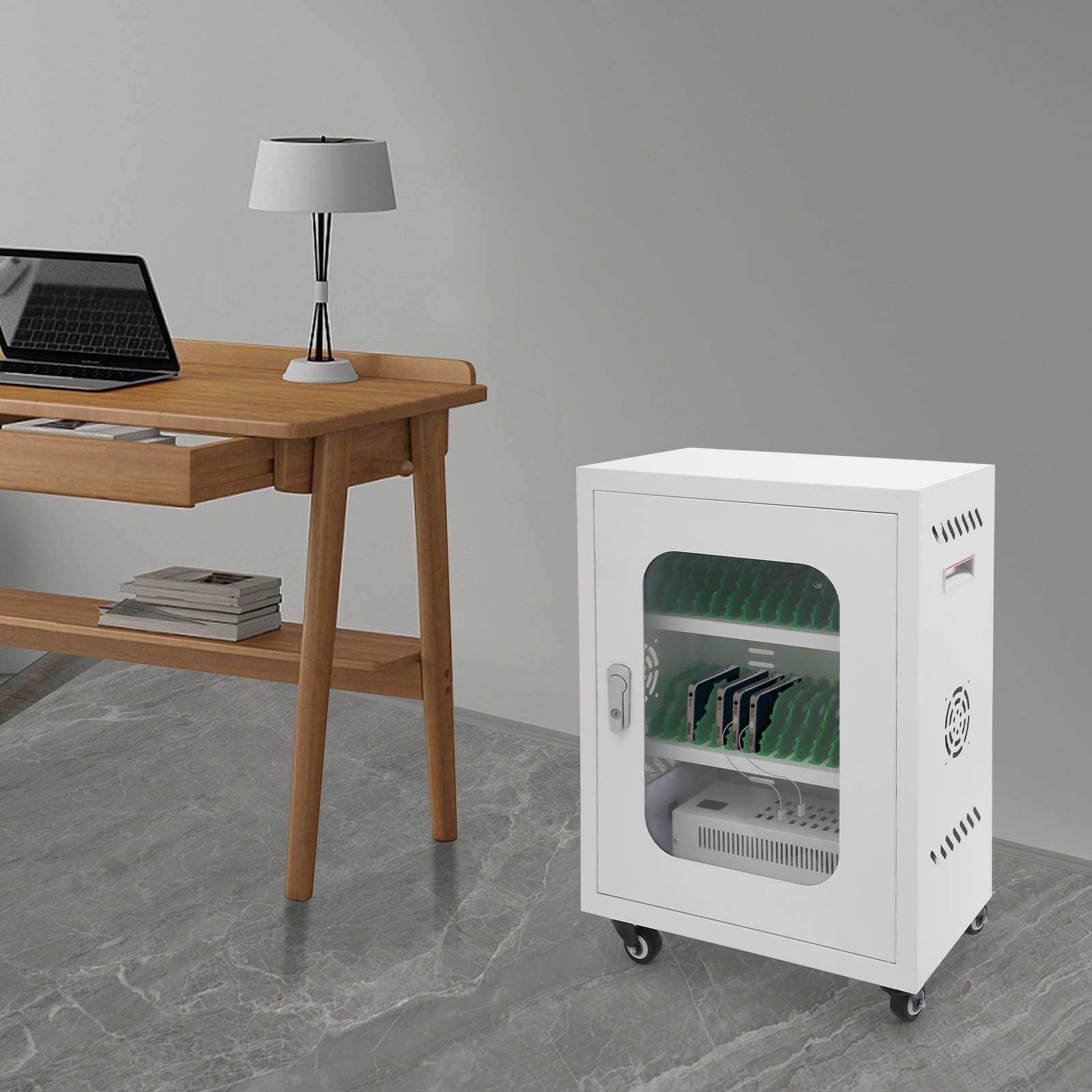 1 PCS 46*27*61cm/18*10.6*24in 300W Mobile Charging Cart, 30-Device Charging Station, Mobile Charging Cabinet(White)