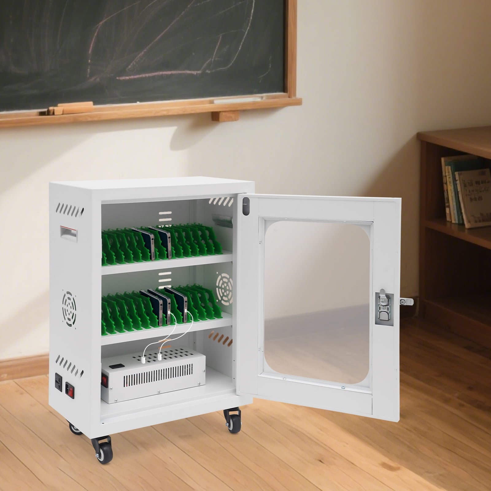 1 PCS 46*27*61cm/18*10.6*24in 300W Mobile Charging Cart, 30-Device Charging Station, Mobile Charging Cabinet(White)