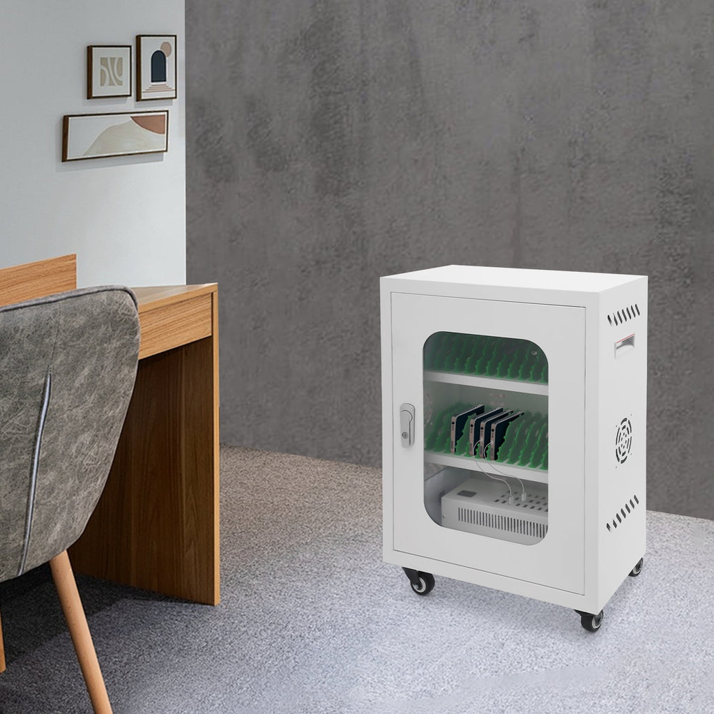1 PCS 46*27*61cm/18*10.6*24in 300W Mobile Charging Cart, 30-Device Charging Station, Mobile Charging Cabinet(White)