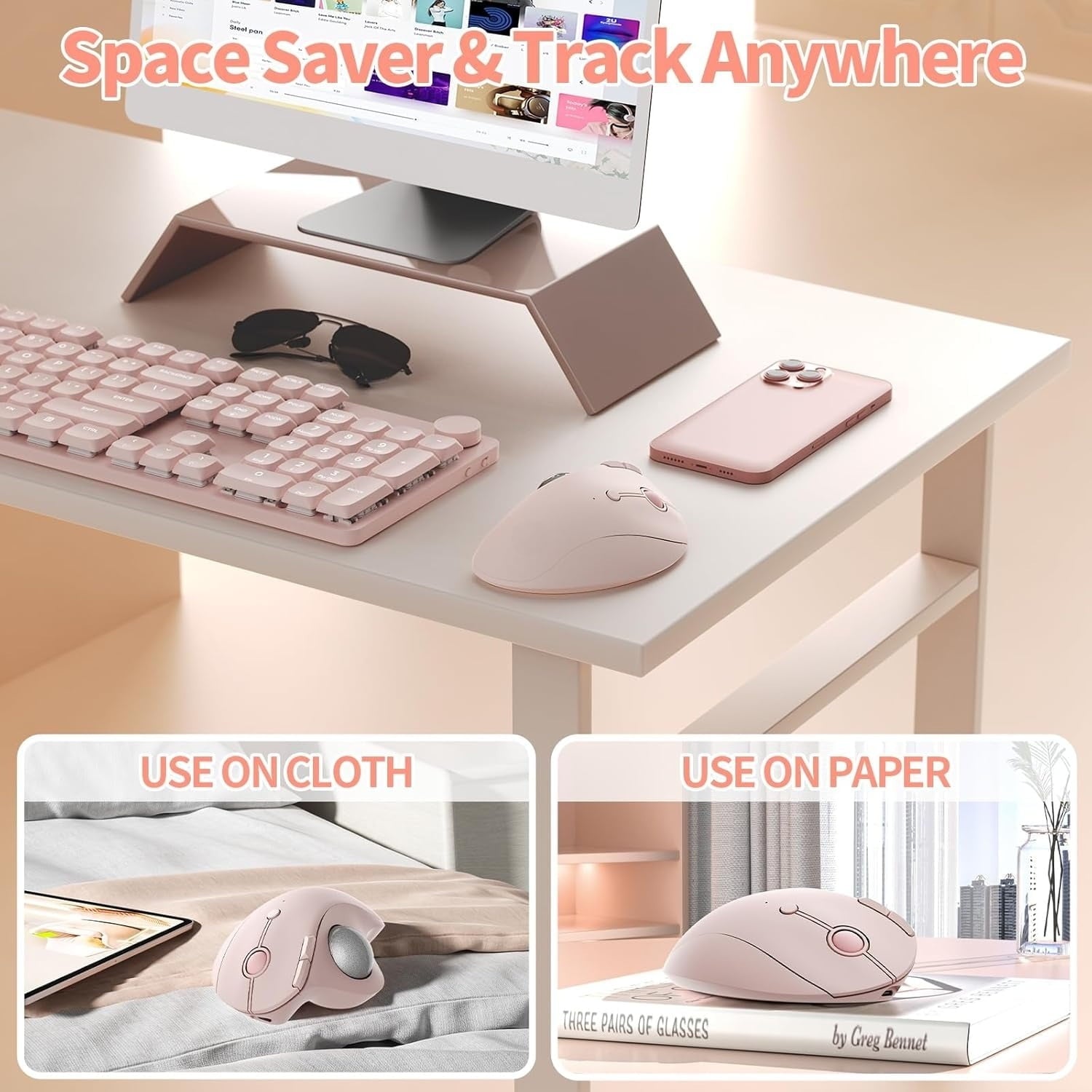 Wireless Trackball Mouse, Bluetooth Ergonomic Rollerball Mouse, Rechargeable Multi Devices USB/Bluetooth Connection Thumb Control