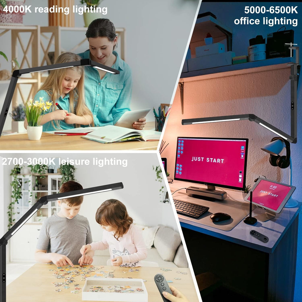 LED Desk Lamp with Clamp, Architect Desk Lamp for Home Office with Remote Control, Swing Arm Clamp on Computer Light, Clip-on Eye-Care Adjustable 5 Brightness Levels Table Light for Working Drafting