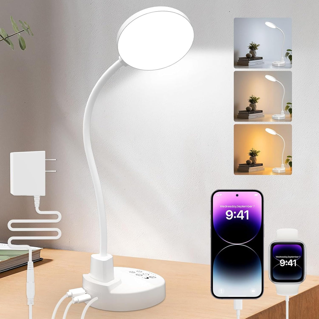 15W  Desk Lamp with   Ports - Dimmable Table Lamp with 3 Color Temps, 5 Brightness, 4 Timers, Flexible Gooseneck Light with Base, Eye-Caring Reading Light for  Office, , Study