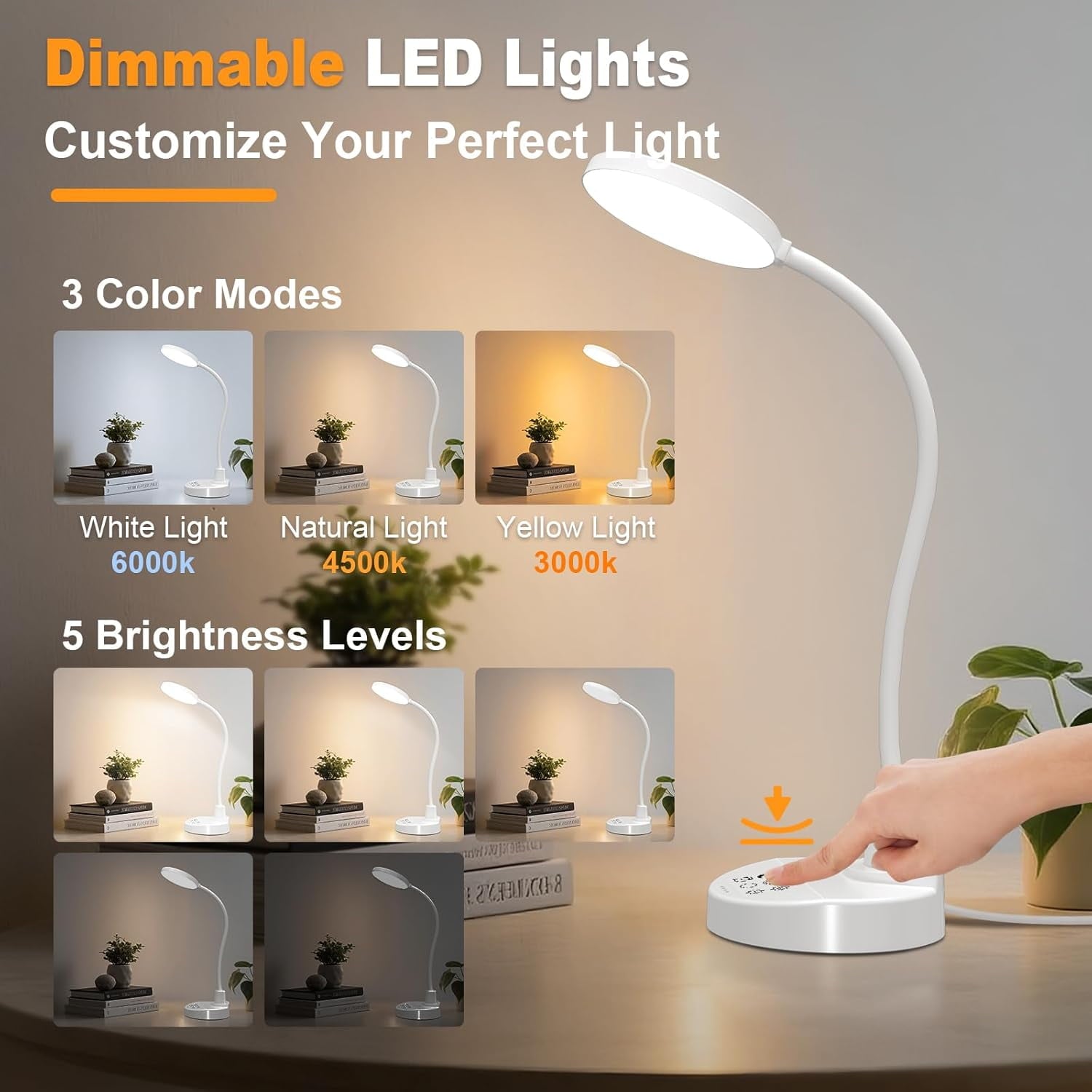 15W  Desk Lamp with   Ports - Dimmable Table Lamp with 3 Color Temps, 5 Brightness, 4 Timers, Flexible Gooseneck Light with Base, Eye-Caring Reading Light for  Office, , Study