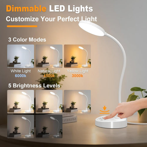 15W  Desk Lamp with   Ports - Dimmable Table Lamp with 3 Color Temps, 5 Brightness, 4 Timers, Flexible Gooseneck Light with Base, Eye-Caring Reading Light for  Office, , Study