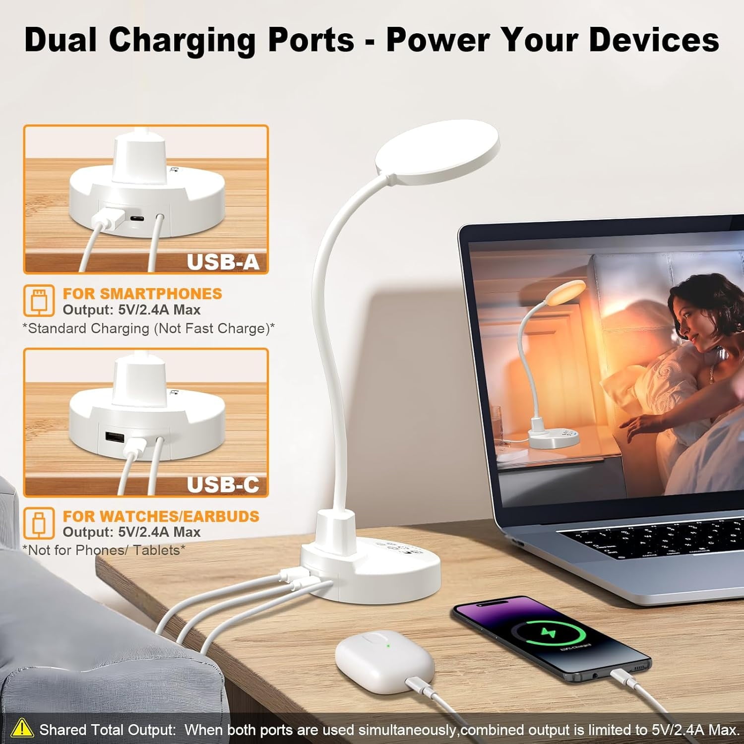 15W  Desk Lamp with   Ports - Dimmable Table Lamp with 3 Color Temps, 5 Brightness, 4 Timers, Flexible Gooseneck Light with Base, Eye-Caring Reading Light for  Office, , Study