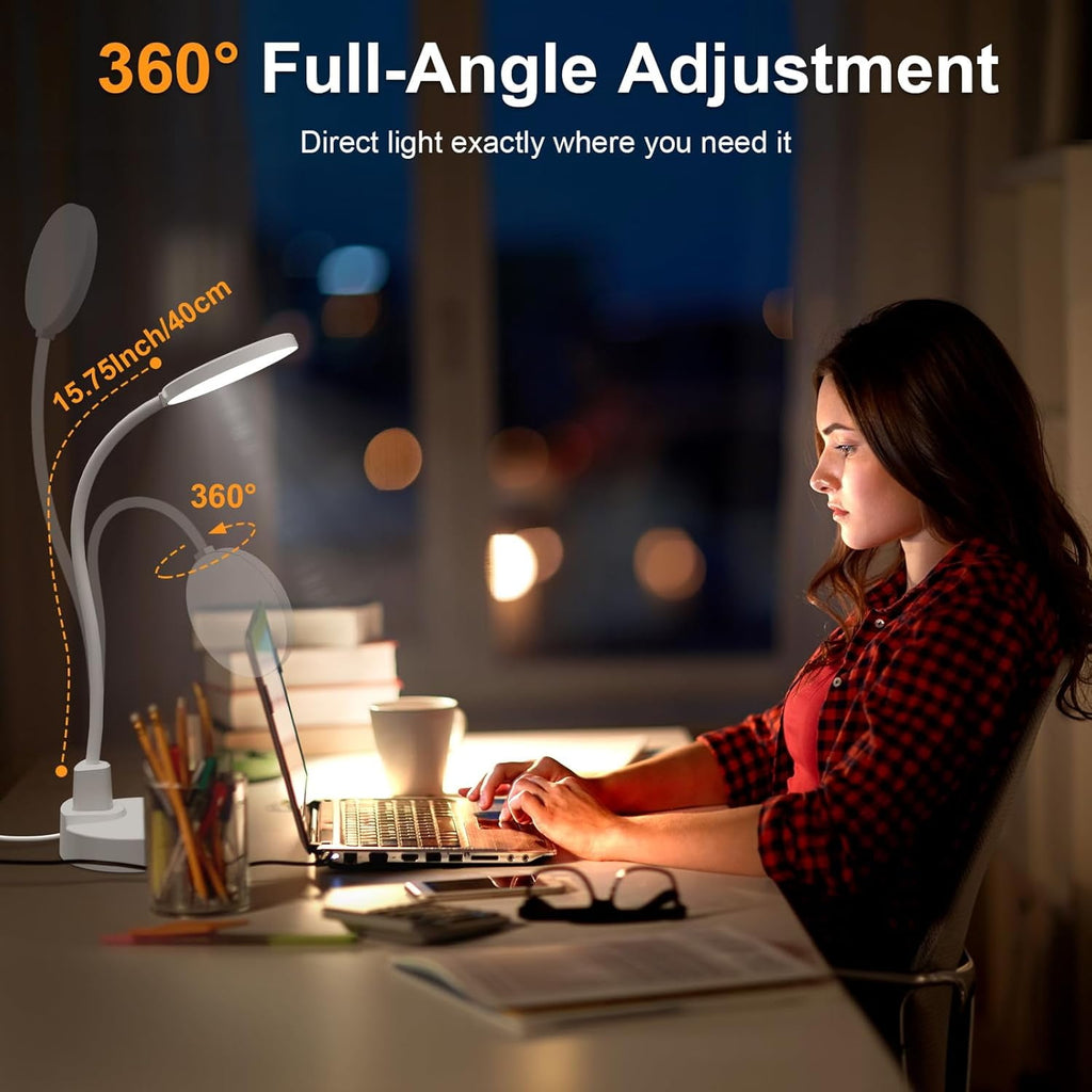 15W  Desk Lamp with   Ports - Dimmable Table Lamp with 3 Color Temps, 5 Brightness, 4 Timers, Flexible Gooseneck Light with Base, Eye-Caring Reading Light for  Office, , Study