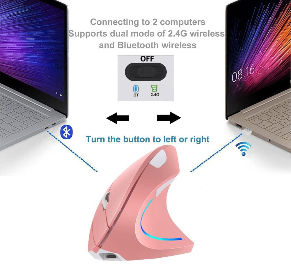 Vertical Ergonomic Mouse, 2.4GHz Wireless Rechargeable Vertical Mouse for Right Hand, 4 Adjustable DPI 800/1200/1600/2400, 6 Buttons, Compatible with PC, Desktop, Mac
