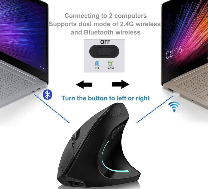 Vertical Ergonomic Mouse, 2.4GHz Wireless Rechargeable Vertical Mouse for Right Hand, 4 Adjustable DPI 800/1200/1600/2400, 6 Buttons, Compatible with PC, Desktop, Mac