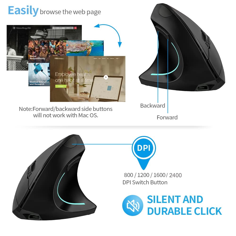 Vertical Ergonomic Mouse, 2.4GHz Wireless Rechargeable Vertical Mouse for Right Hand, 4 Adjustable DPI 800/1200/1600/2400, 6 Buttons, Compatible with PC, Desktop, Mac