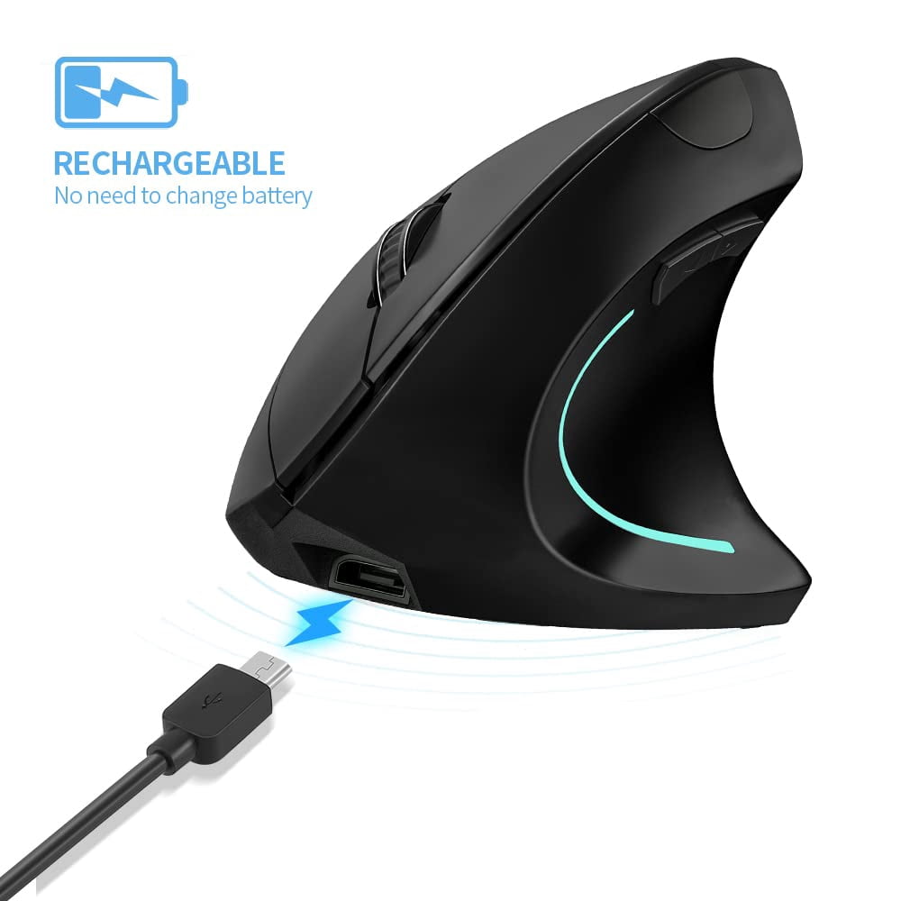 Vertical Ergonomic Mouse, 2.4GHz Wireless Rechargeable Vertical Mouse for Right Hand, 4 Adjustable DPI 800/1200/1600/2400, 6 Buttons, Compatible with PC, Desktop, Mac
