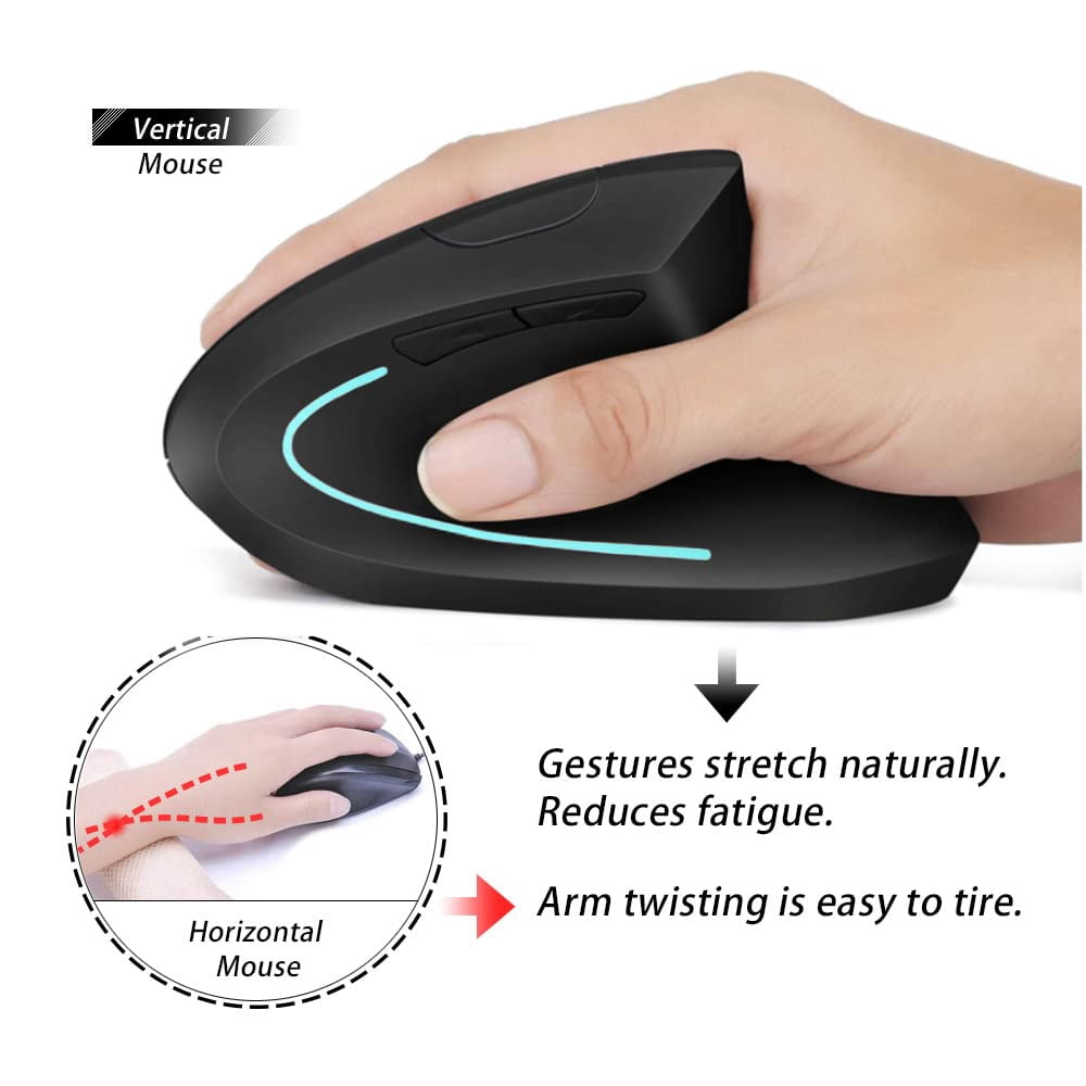 Vertical Ergonomic Mouse, 2.4GHz Wireless Rechargeable Vertical Mouse for Right Hand, 4 Adjustable DPI 800/1200/1600/2400, 6 Buttons, Compatible with PC, Desktop, Mac