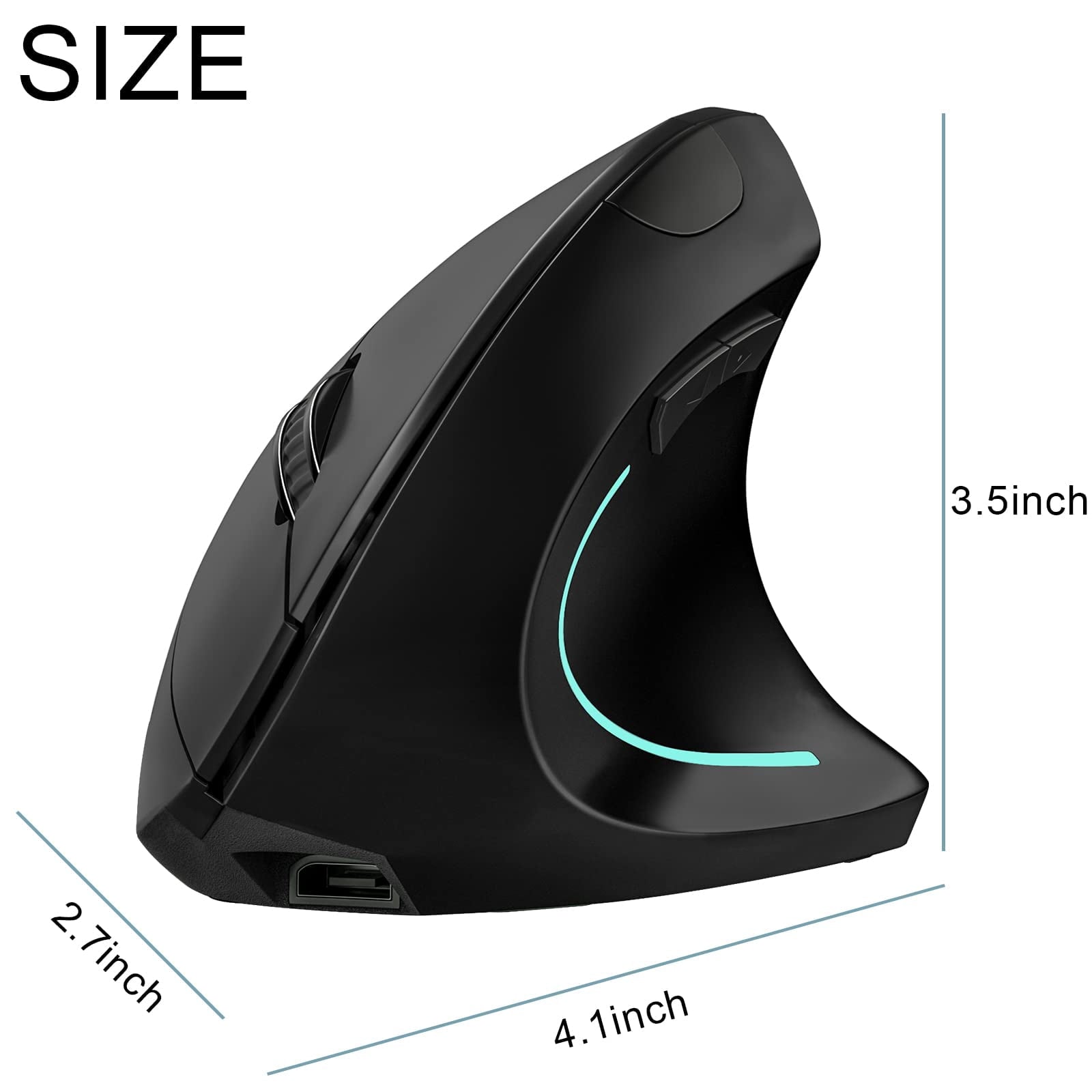 Vertical Ergonomic Mouse, 2.4GHz Wireless Rechargeable Vertical Mouse for Right Hand, 4 Adjustable DPI 800/1200/1600/2400, 6 Buttons, Compatible with PC, Desktop, Mac