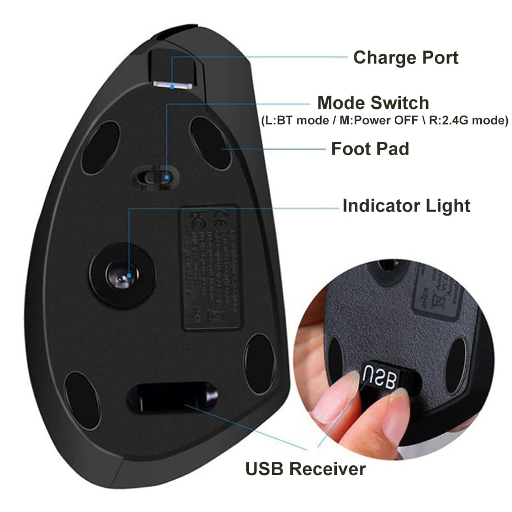 Vertical Ergonomic Mouse, 2.4GHz Wireless Rechargeable Vertical Mouse for Right Hand, 4 Adjustable DPI 800/1200/1600/2400, 6 Buttons, Compatible with PC, Desktop, Mac
