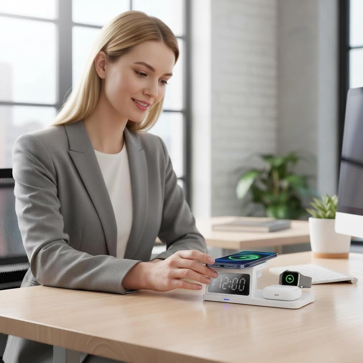 Wireless Charging Station with Alarm Clock for Phone and Watch, 15W Fast Charger Black