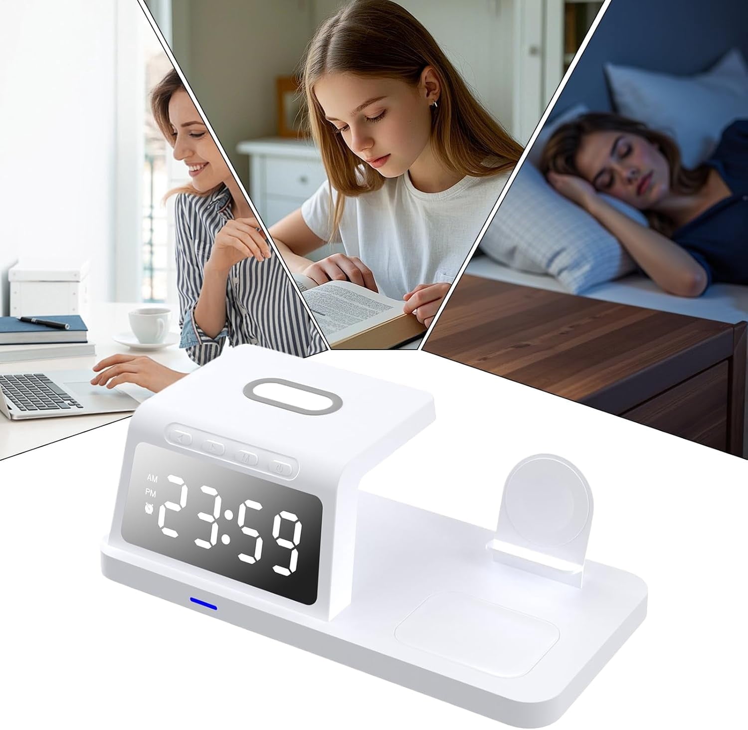 Wireless Charging Station with Alarm Clock for Phone and Watch, 15W Fast Charger Black
