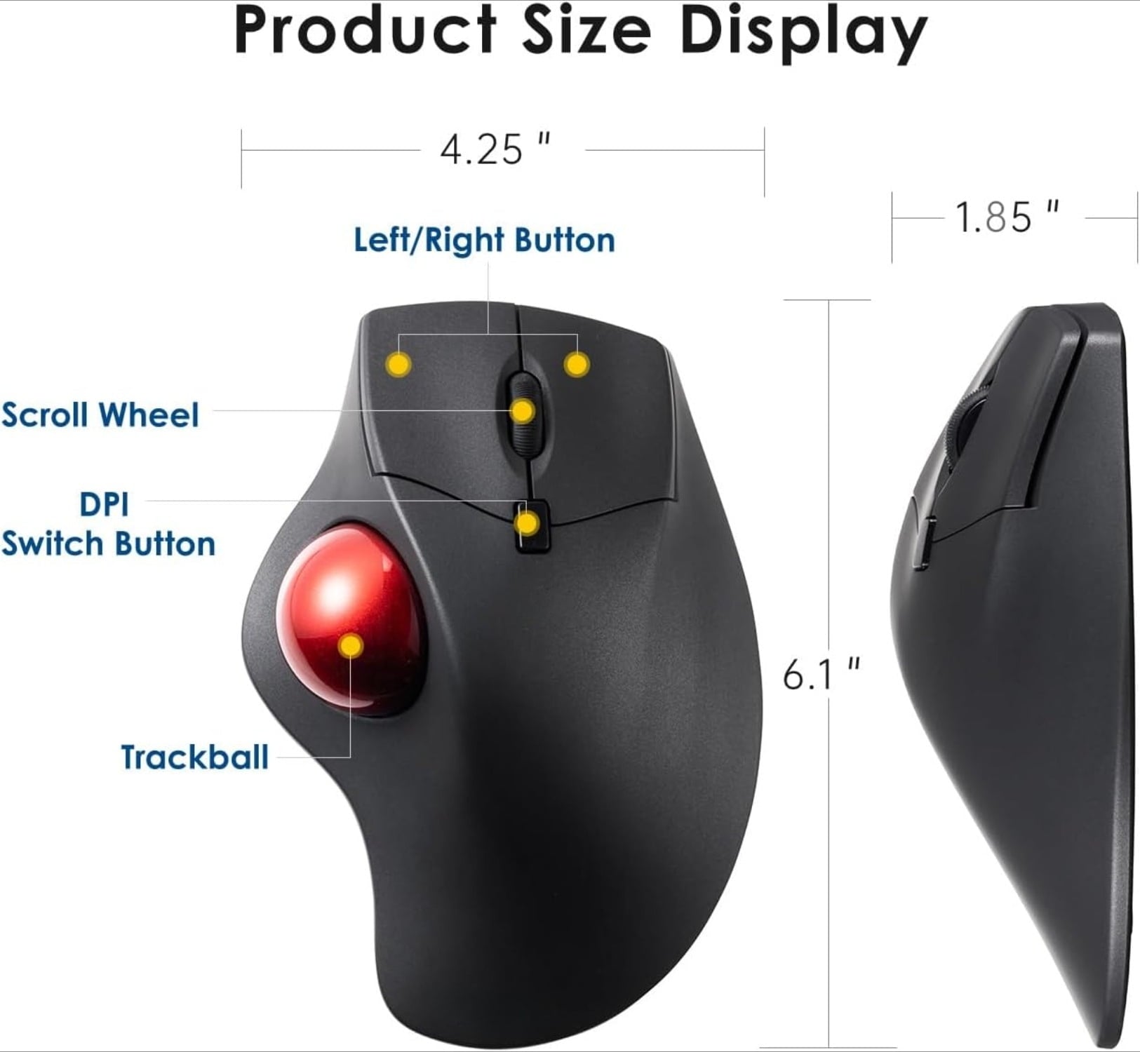 Wireless Ergonomic Trackball Mouse, Optical Rollerball Mice, Programmable Silent Buttons, 40mm Trackball, 800/1200/1600 Adjustable DPI