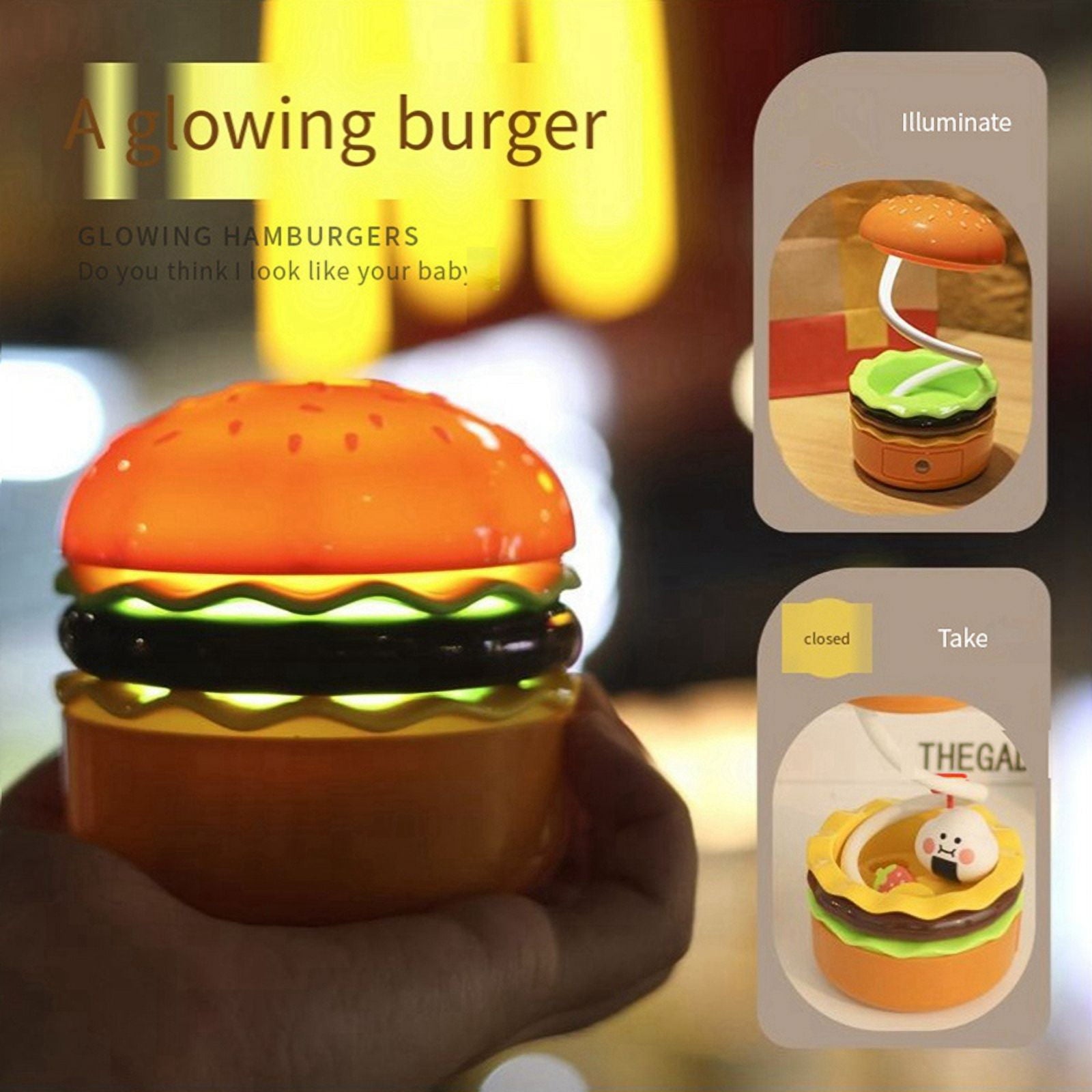 Cute Desk Lamp for Kids, Rechargeable Hamburger Small Desk Lamp with Adjustable Neck Touch Switch wi plastic