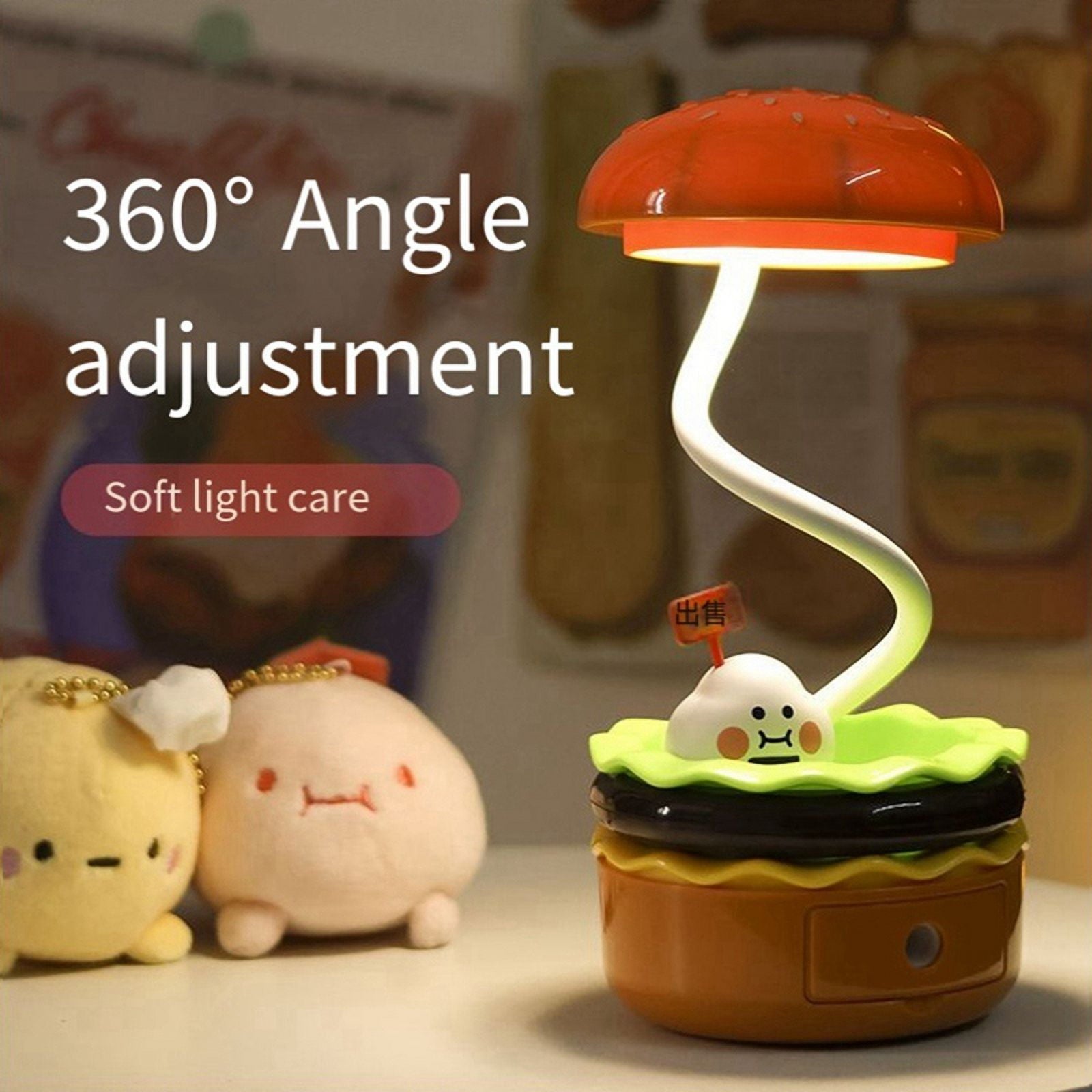 Cute Desk Lamp for Kids, Rechargeable Hamburger Small Desk Lamp with Adjustable Neck Touch Switch wi plastic