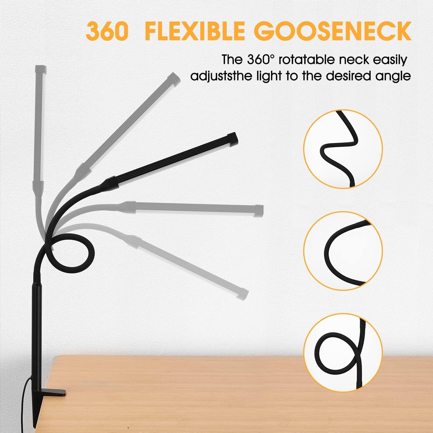 WarmHaven LED Desk Lamp with Clamp, Eye-Caring Clip on Lights for Home Office, 3 Modes 10 Brightness, Long Flexible Gooseneck, Metal, Swing Arm Architect Task Table Lamps with USB Adapter, Black