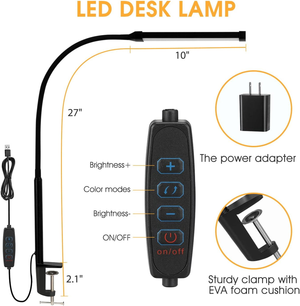 WarmHaven LED Desk Lamp with Clamp, Eye-Caring Clip on Lights for Home Office, 3 Modes 10 Brightness, Long Flexible Gooseneck, Metal, Swing Arm Architect Task Table Lamps with USB Adapter, Black
