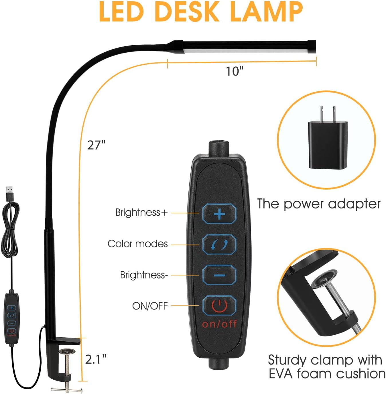 WarmHaven LED Desk Lamp with Clamp, Eye-Caring Clip on Lights for Home Office, 3 Modes 10 Brightness, Long Flexible Gooseneck, Metal, Swing Arm Architect Task Table Lamps with USB Adapter, Black