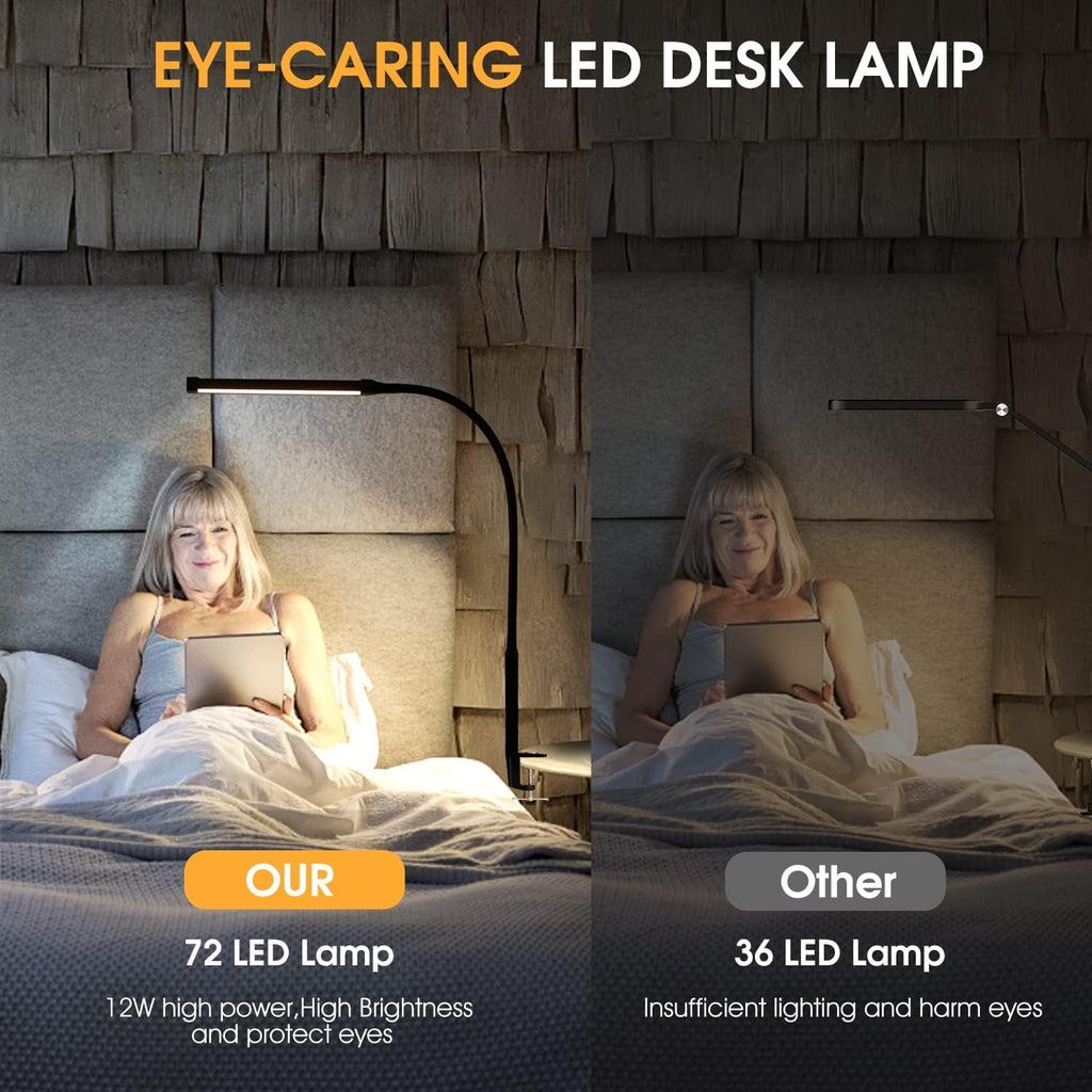 WarmHaven LED Desk Lamp with Clamp, Eye-Caring Clip on Lights for Home Office, 3 Modes 10 Brightness, Long Flexible Gooseneck, Metal, Swing Arm Architect Task Table Lamps with USB Adapter, Black