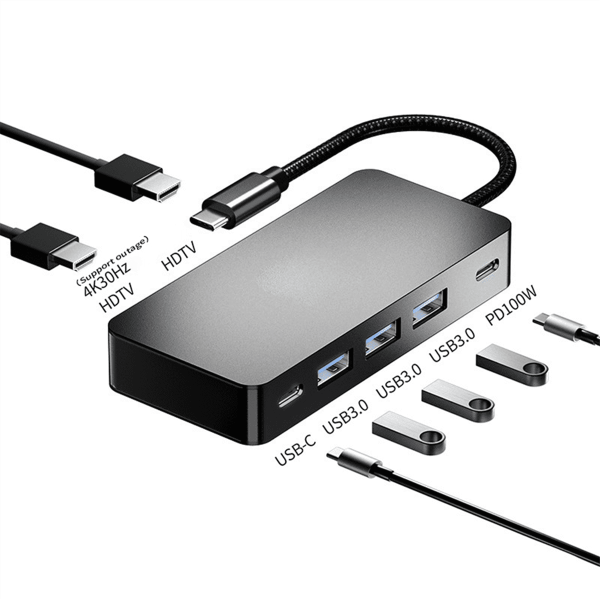 7 in 1 Docking Station Type-C USB Hub to HDTV 4K Adapter with 3 USB Ports for Laptop Home Office Entertainment