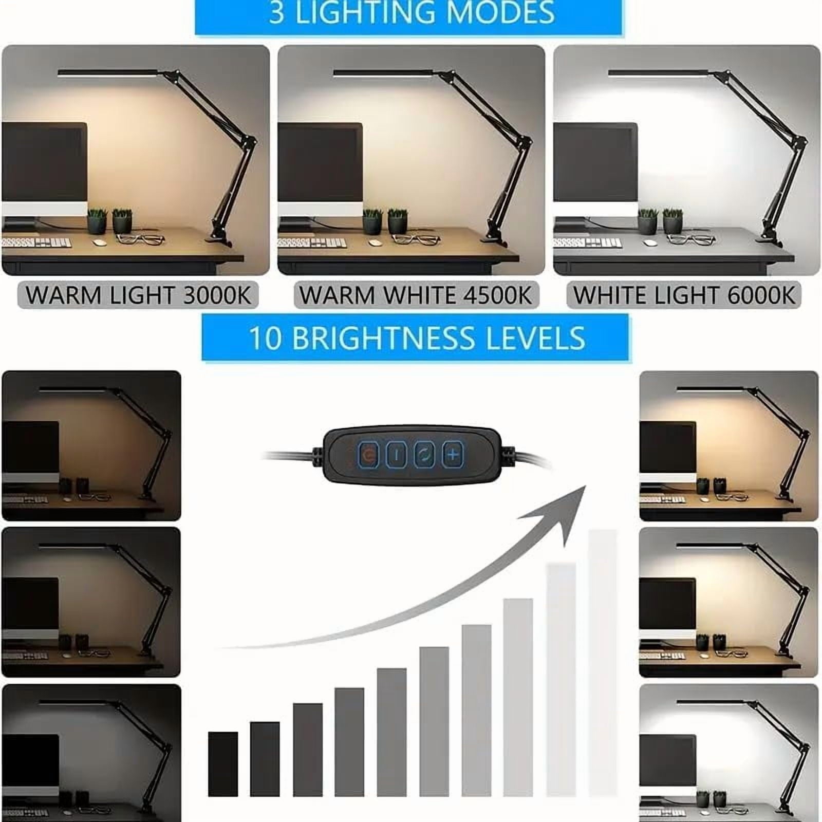 Desk Lamp with Eye-Caring 3 Modes 10 Brightness, Adjustable Swing Arm Long Flexible Lamp for Office Workers and Students,  Port