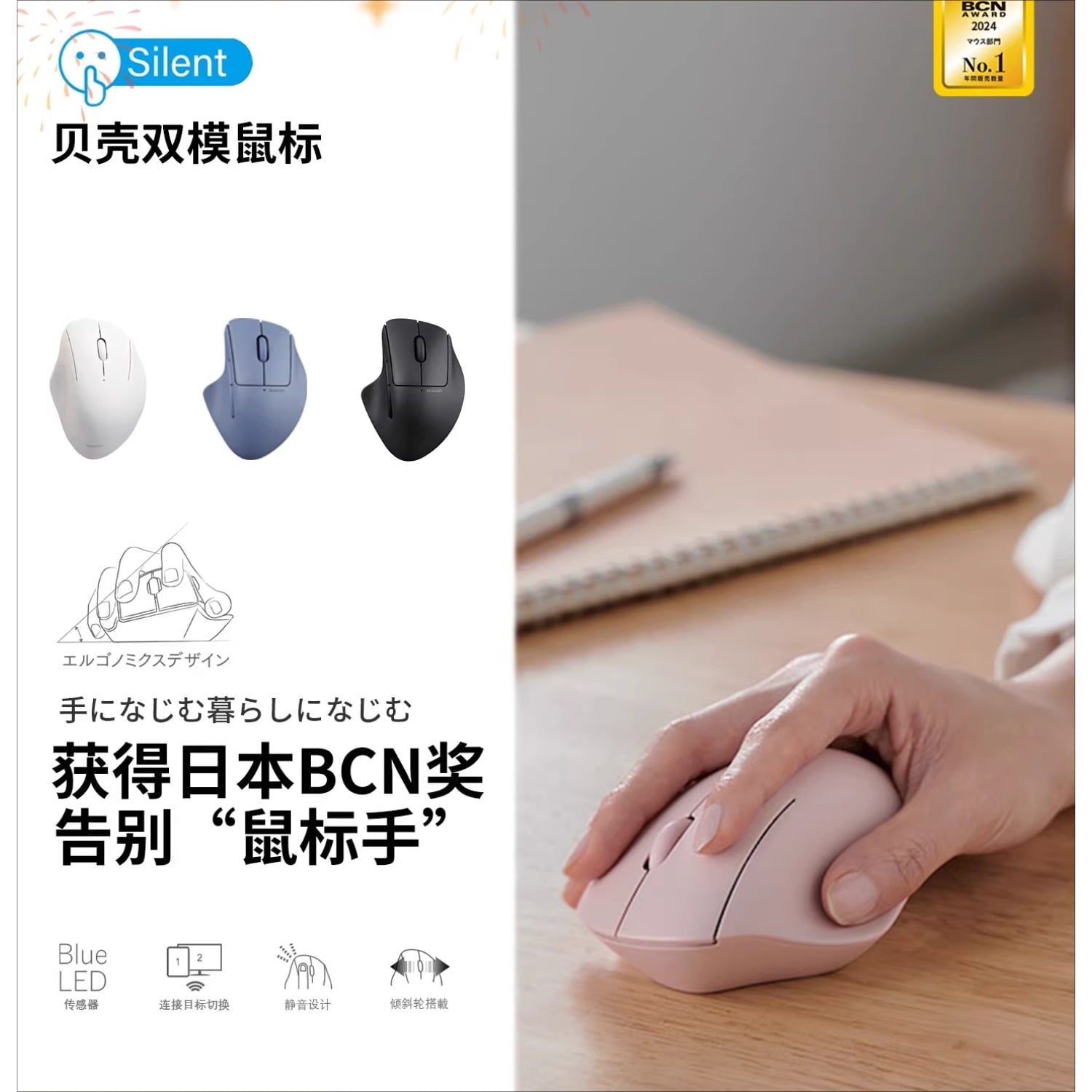 Shell Design Wireless Bluetooth Mouse, Ergonomic Dual Mode Silent Mouse for Laptop Office with Comfort Grip
