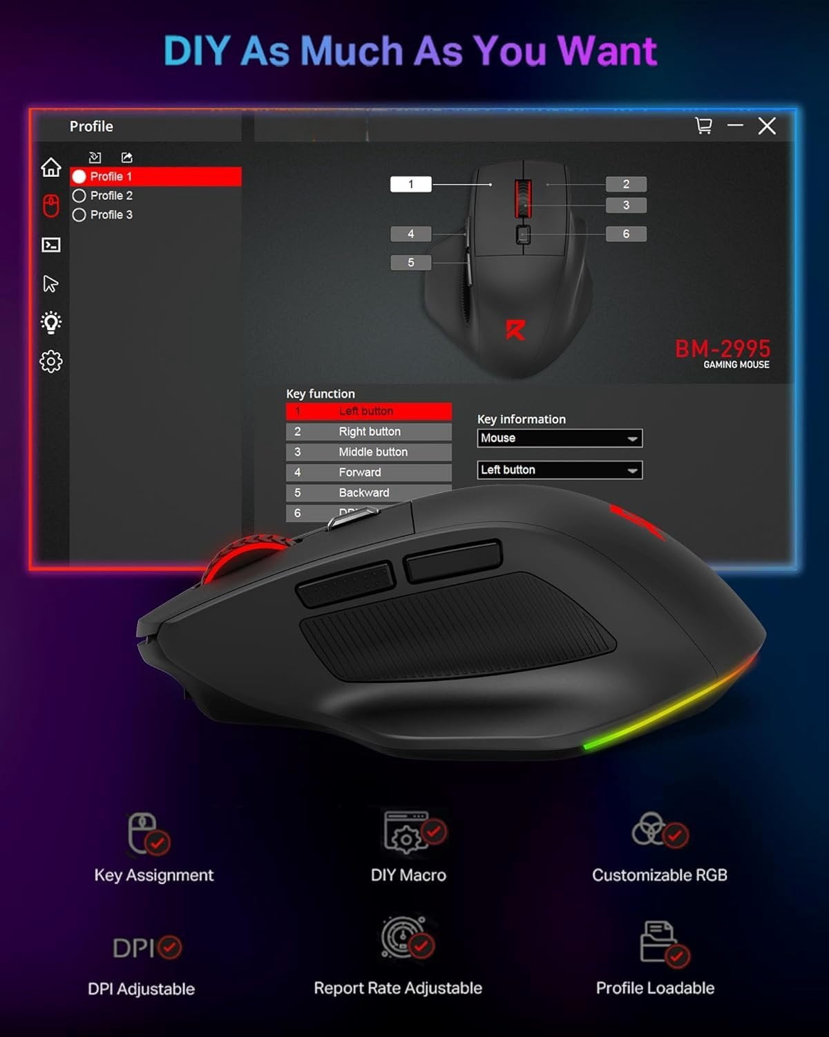 Large  Gaming  for Big Hands, Tri-Modes 2.4G//Wired  Ergo   with 2 Side Buttons, 12800 DPI, 6 Backlit Modes, Programmable Macro Gamer