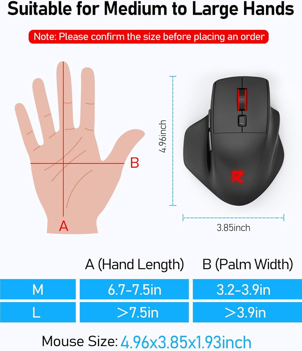 Large  Gaming  for Big Hands, Tri-Modes 2.4G//Wired  Ergo   with 2 Side Buttons, 12800 DPI, 6 Backlit Modes, Programmable Macro Gamer