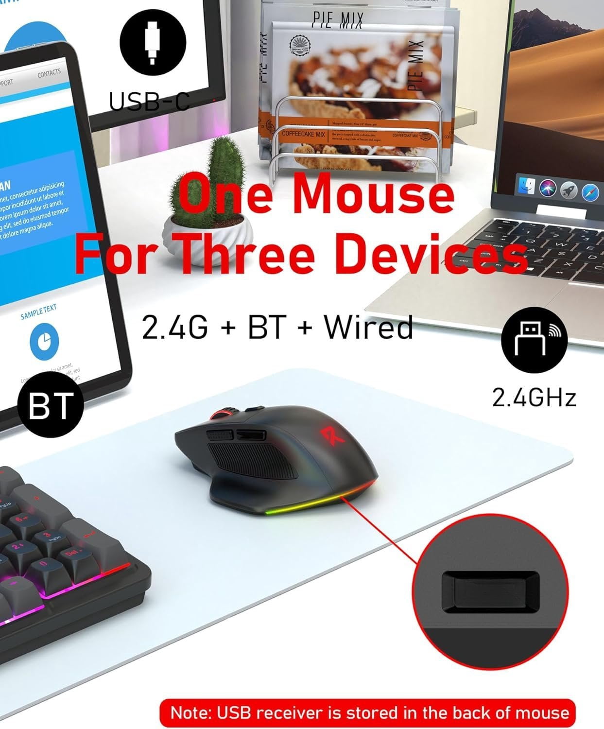 Large  Gaming  for Big Hands, Tri-Modes 2.4G//Wired  Ergo   with 2 Side Buttons, 12800 DPI, 6 Backlit Modes, Programmable Macro Gamer