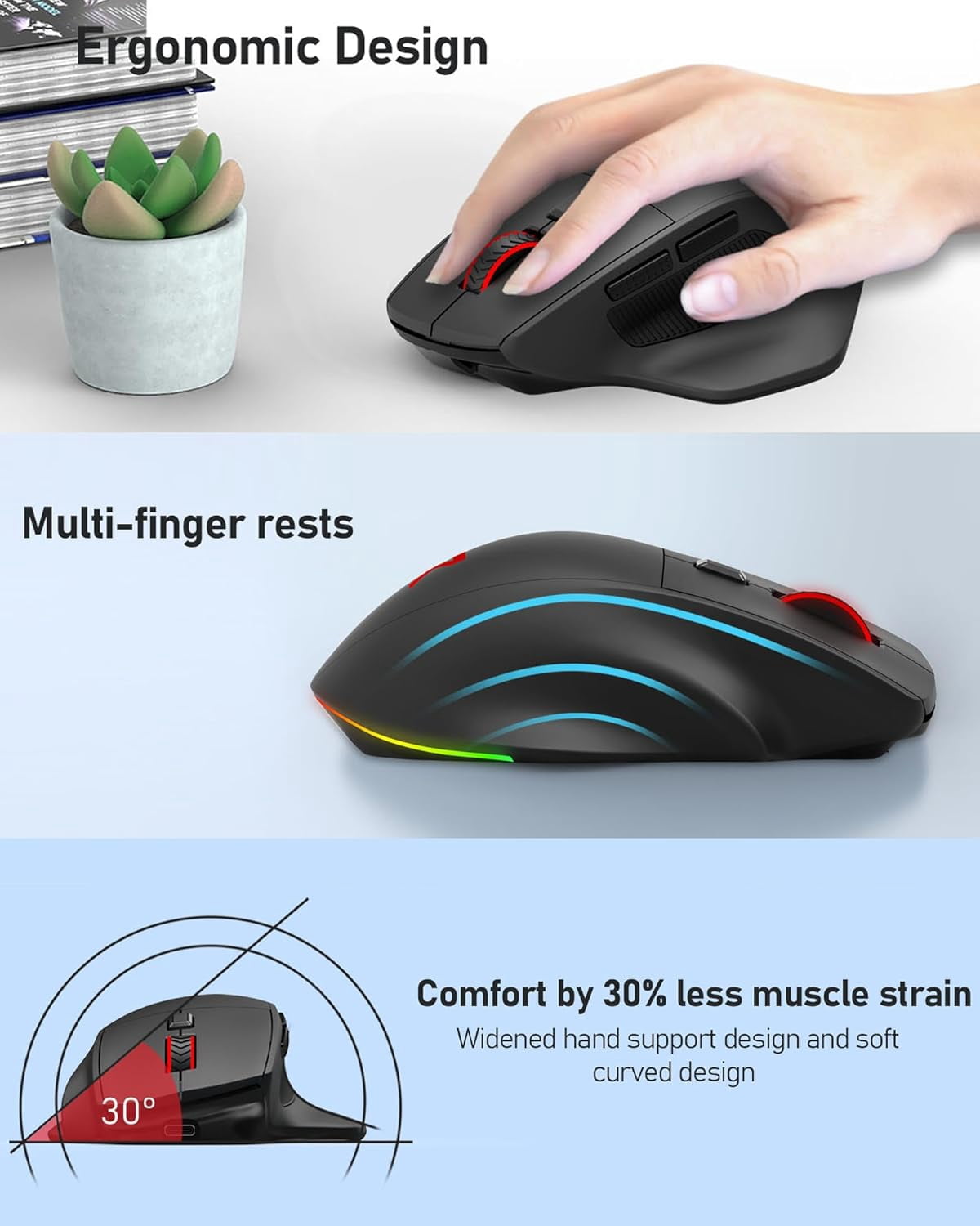 Large  Gaming  for Big Hands, Tri-Modes 2.4G//Wired  Ergo   with 2 Side Buttons, 12800 DPI, 6 Backlit Modes, Programmable Macro Gamer