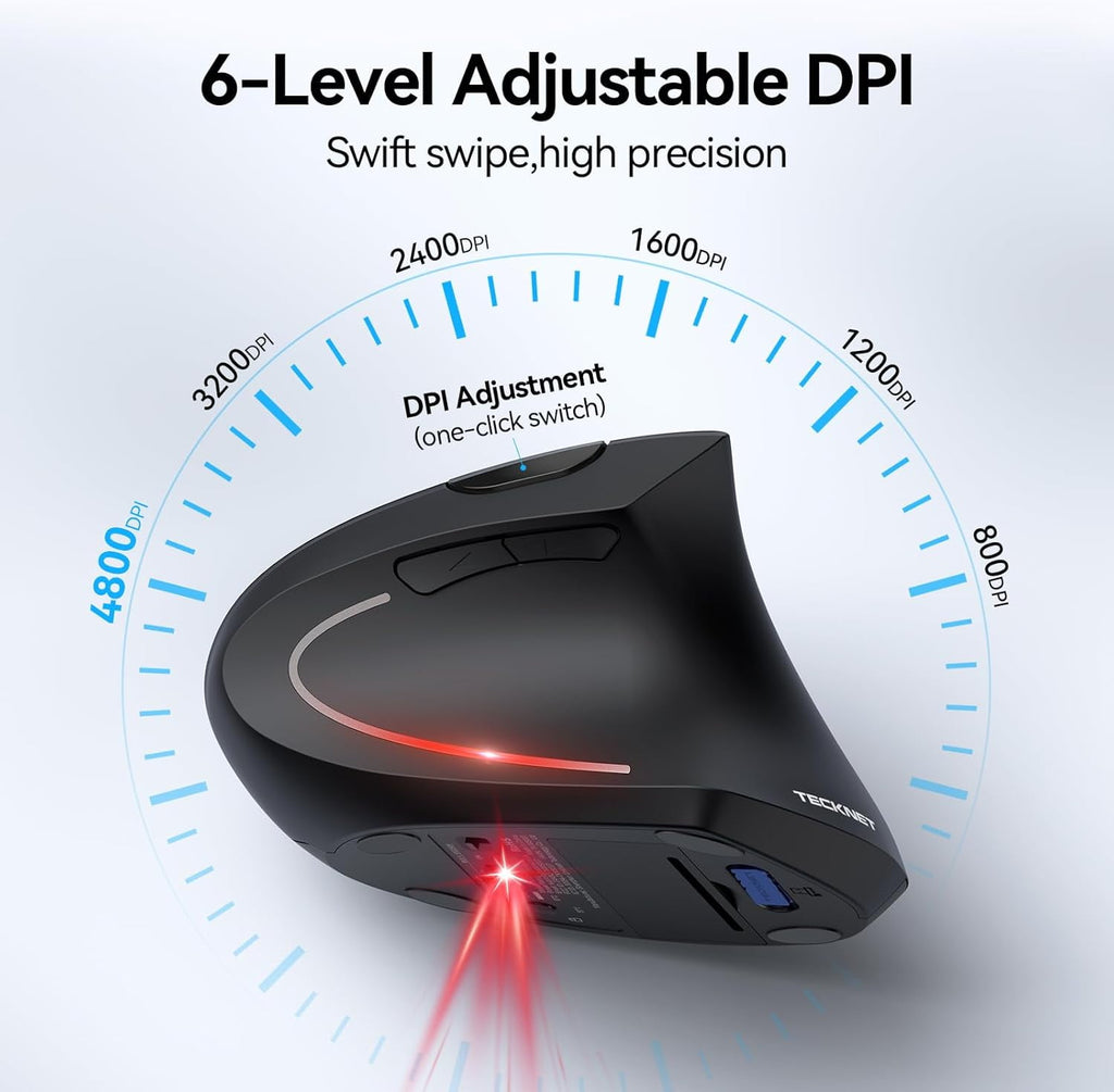 TECKNET Ergonomic Mouse, Wireless Bluetooth Vertical Mouse, 4800 DPI Optical Tracking, 6 Adjustable DPI, Quiet Clicks, 2.4GHz with USB A Receiver, 6 Buttons, Wide Compatibility - Black