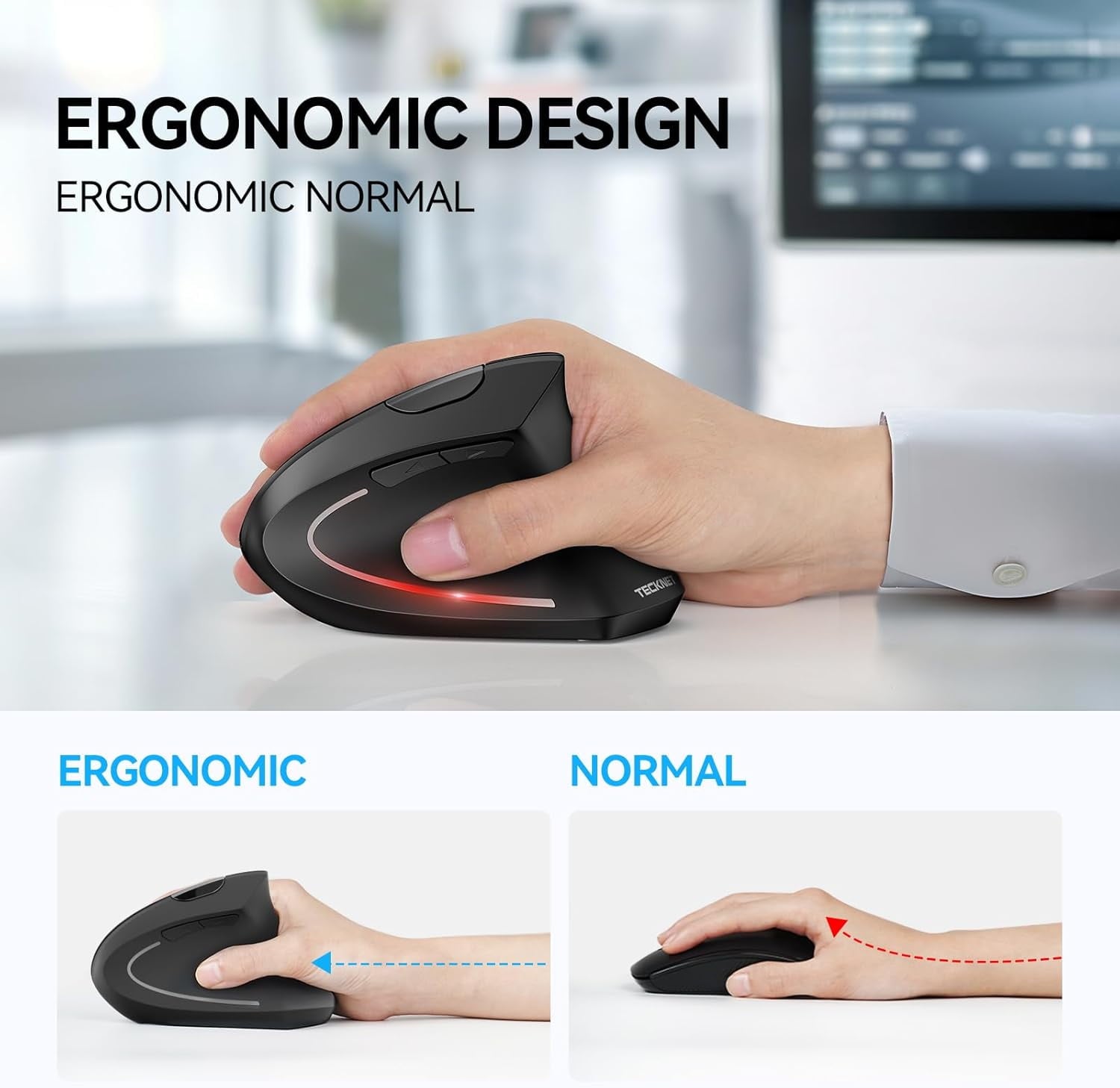 TECKNET Ergonomic Mouse, Wireless Bluetooth Vertical Mouse, 4800 DPI Optical Tracking, 6 Adjustable DPI, Quiet Clicks, 2.4GHz with USB A Receiver, 6 Buttons, Wide Compatibility - Black