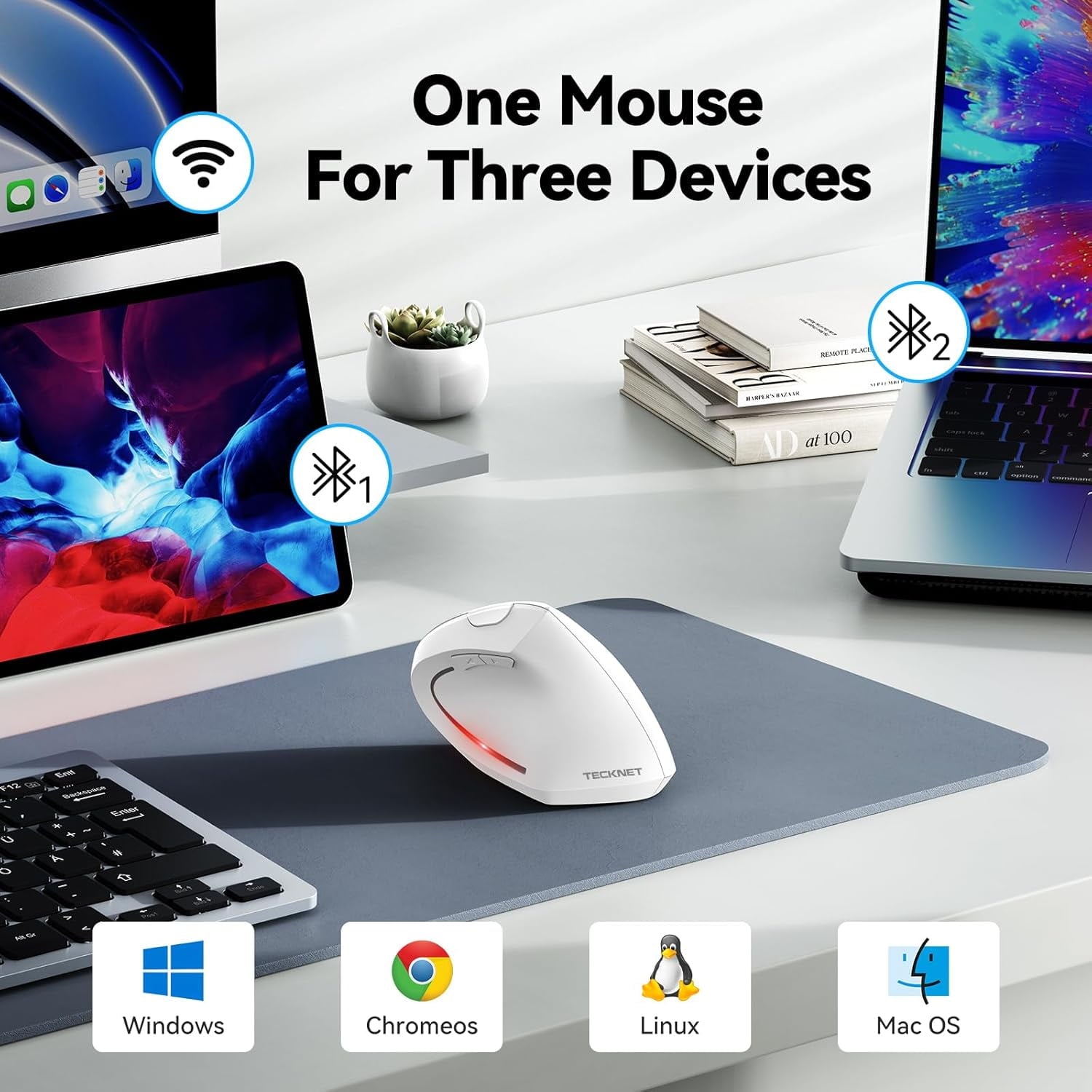 TECKNET Ergonomic Mouse, Wireless Bluetooth Vertical Mouse, 4800 DPI Optical Tracking, 6 Adjustable DPI, Quiet Clicks, 2.4GHz with USB A Receiver, 6 Buttons, Wide Compatibility - Black