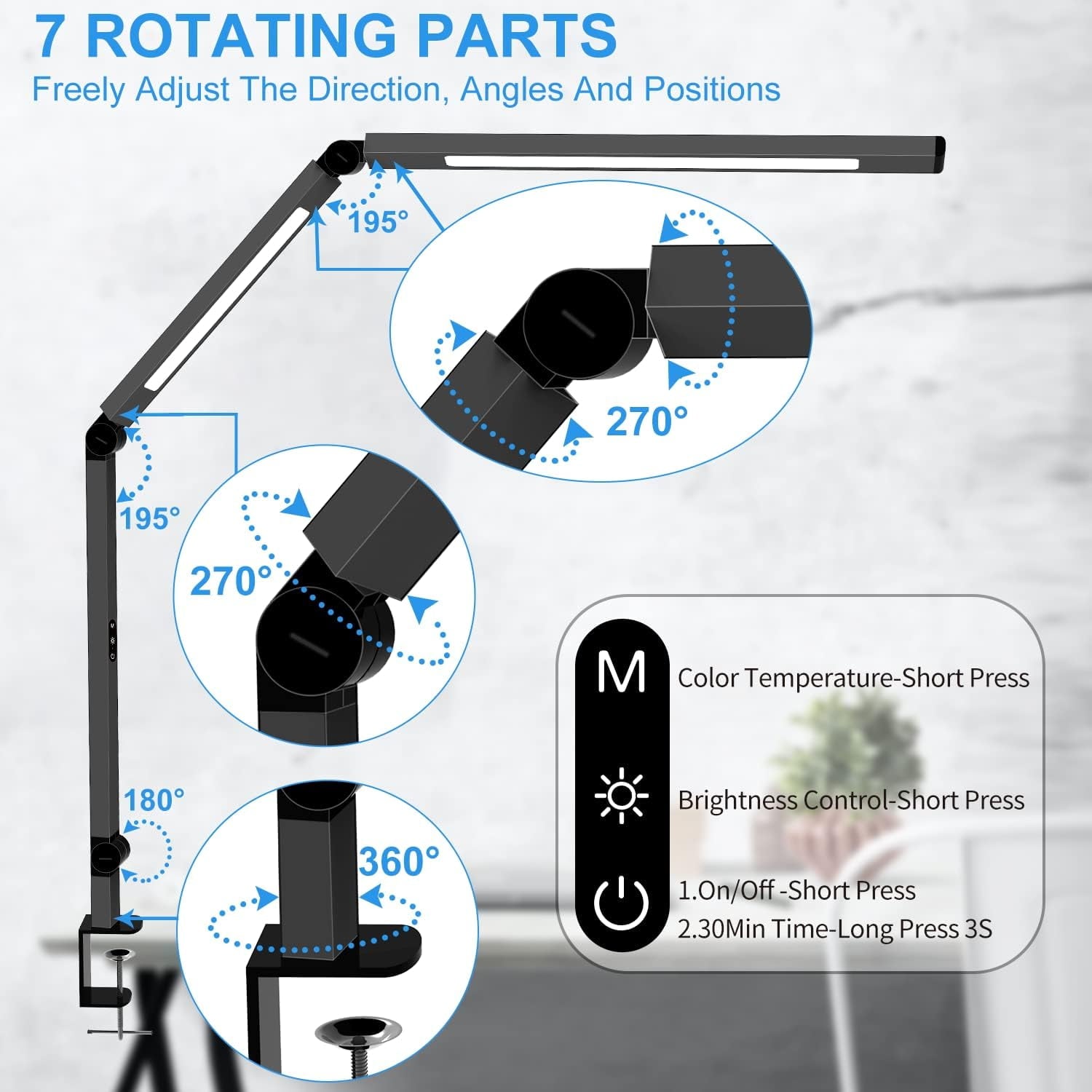 LED Desk Lamp with Clamp, Architect Desk Lamp with Dual Light and Adjustable Swing Arm, Clip- Eye-Care 4 CCT Modes &amp; 5 Brightness Levels Table Light Modern Computer Lighting for  Office
