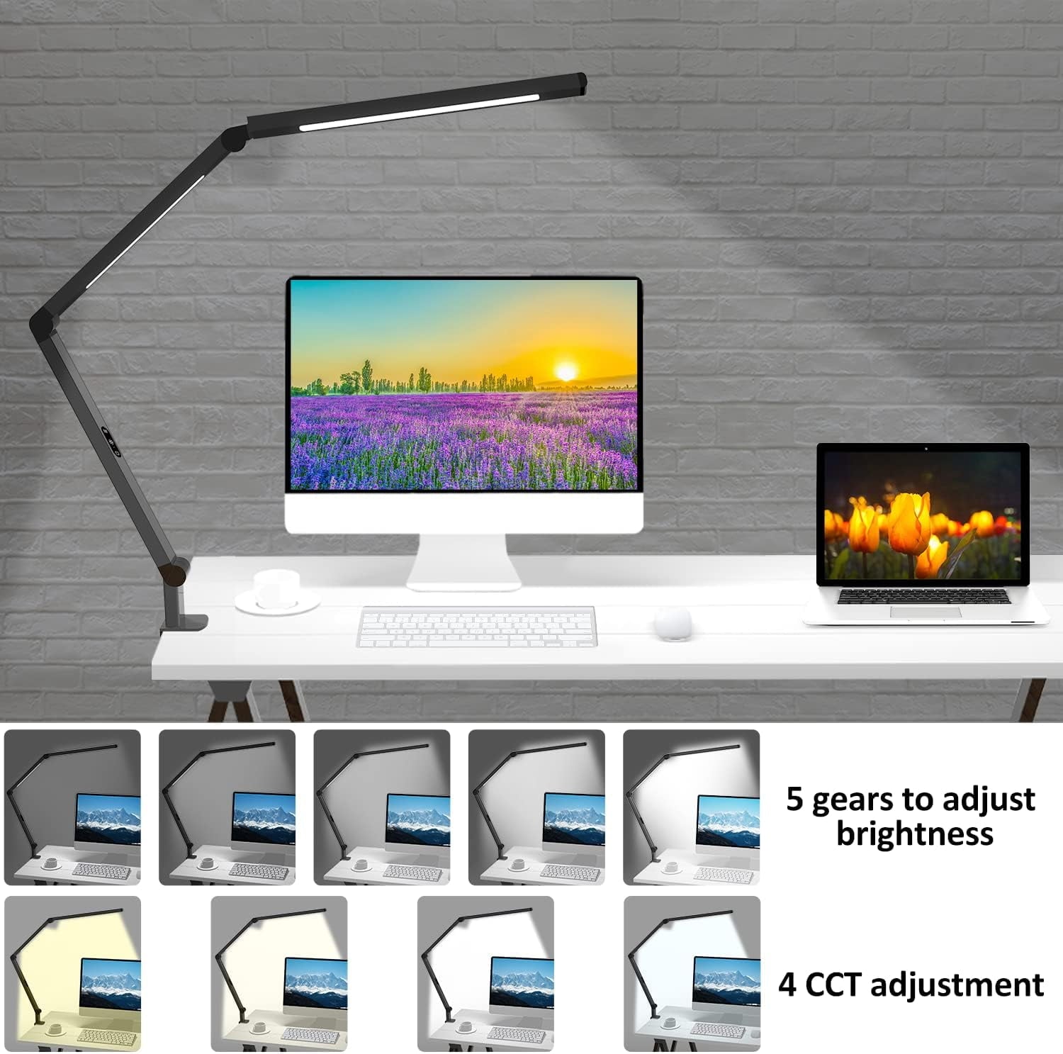 LED Desk Lamp with Clamp, Architect Desk Lamp with Dual Light and Adjustable Swing Arm, Clip- Eye-Care 4 CCT Modes &amp; 5 Brightness Levels Table Light Modern Computer Lighting for  Office